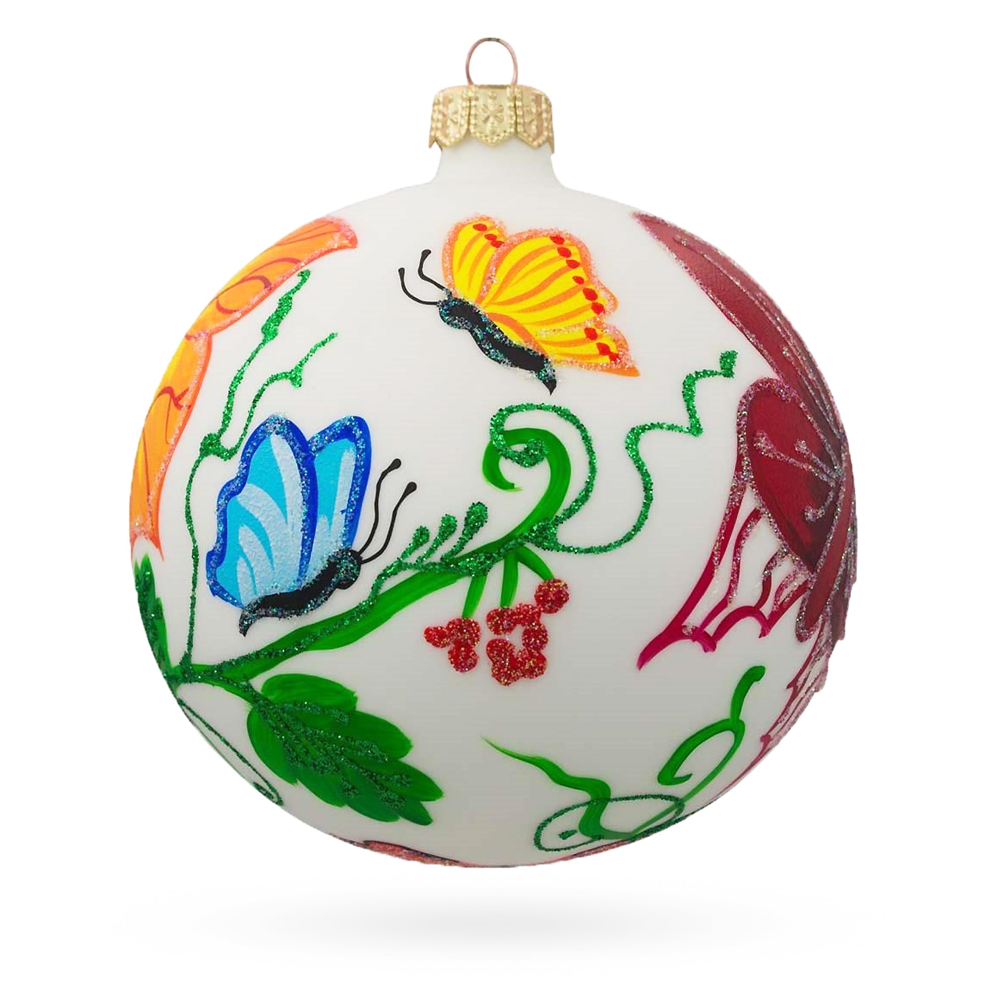 Enchanted Garden: Delicate Butterflies On Blown Glass Ball Christmas Ornament 4 Inches