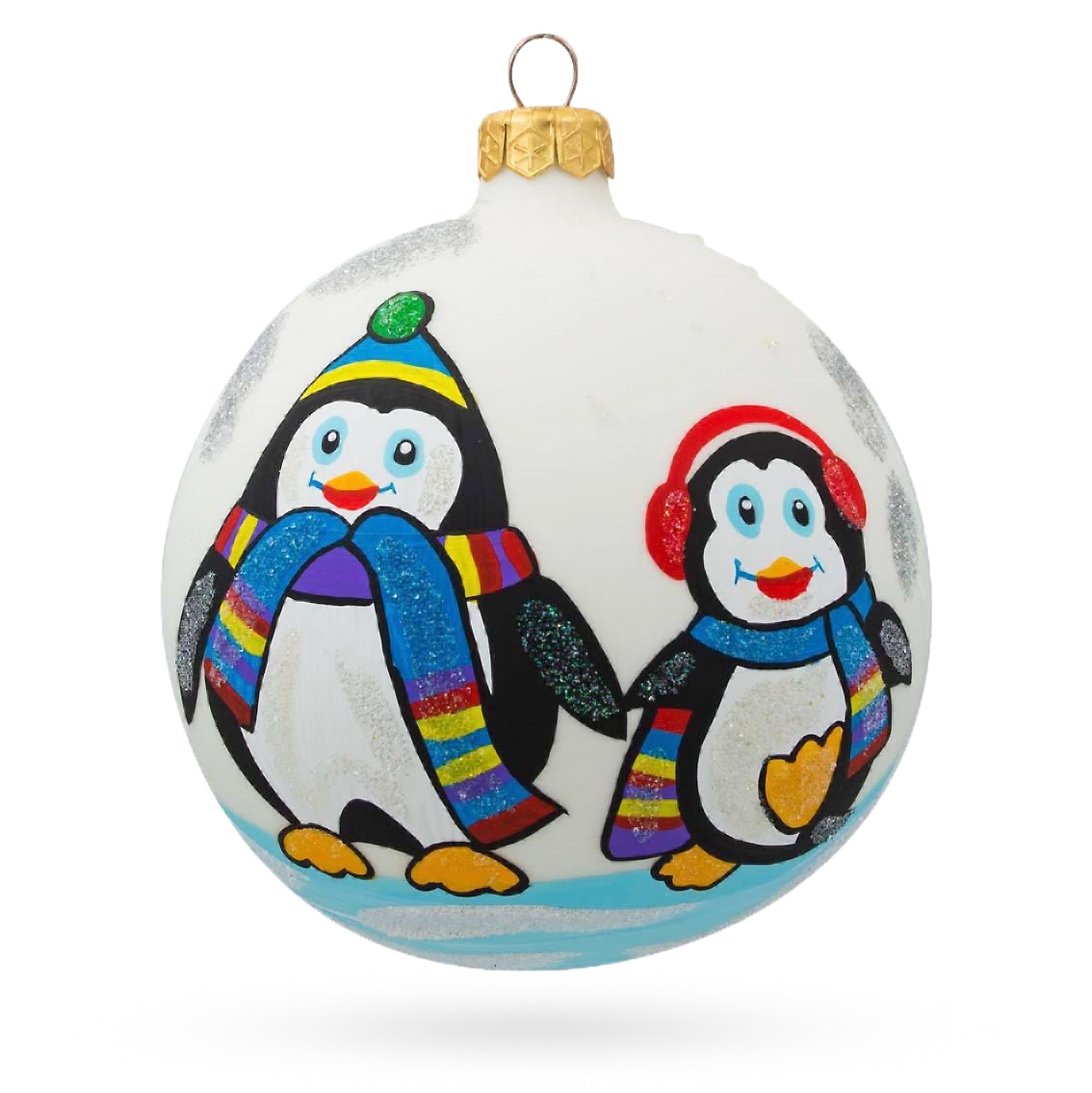 Lovebirds On Ice: Two Penguins Blown Glass Ball Christmas Ornament 4 Inches