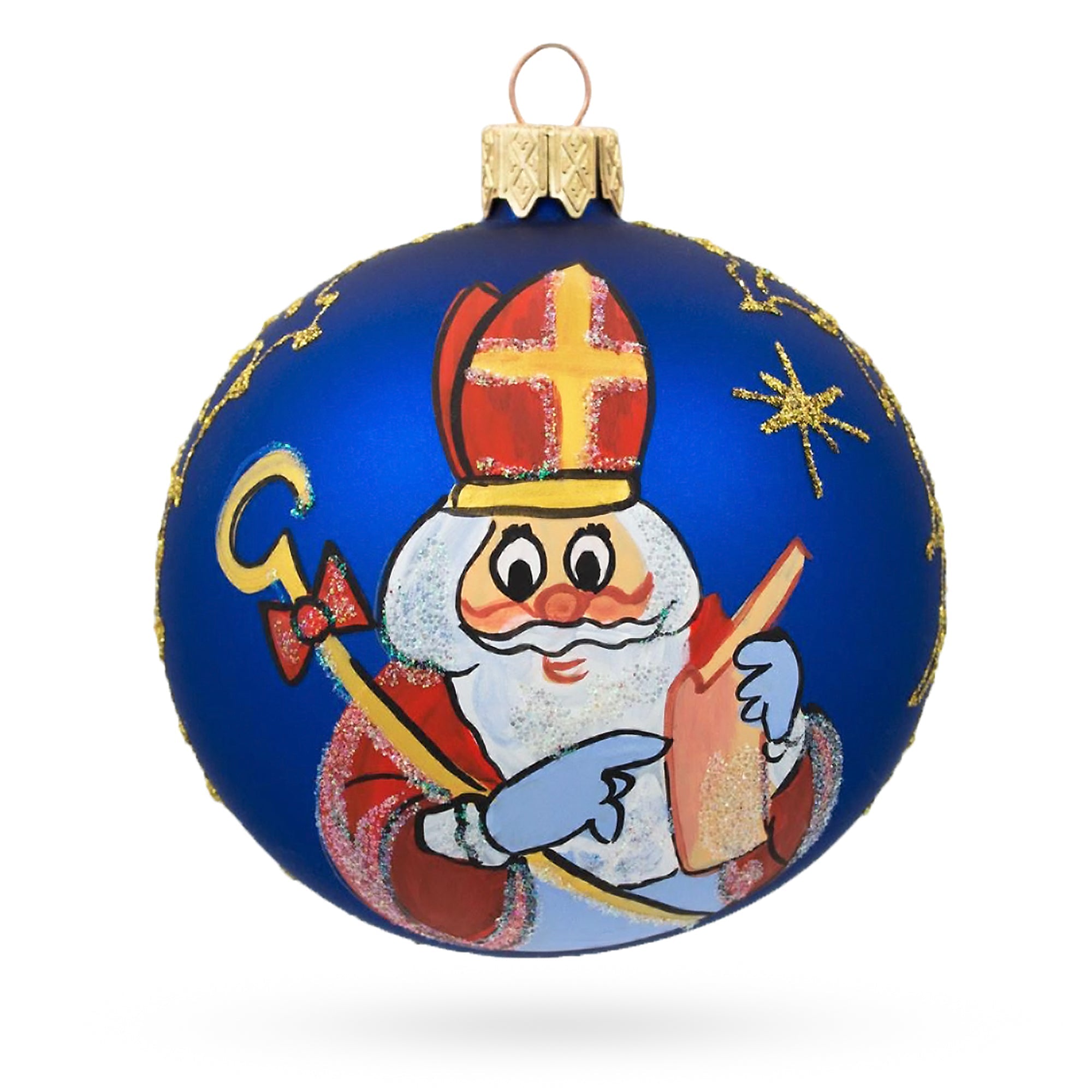 St. Nicholas Reviewing His Gift List In Winter White Blown Glass Ball Christmas Ornament 3.25 Inches