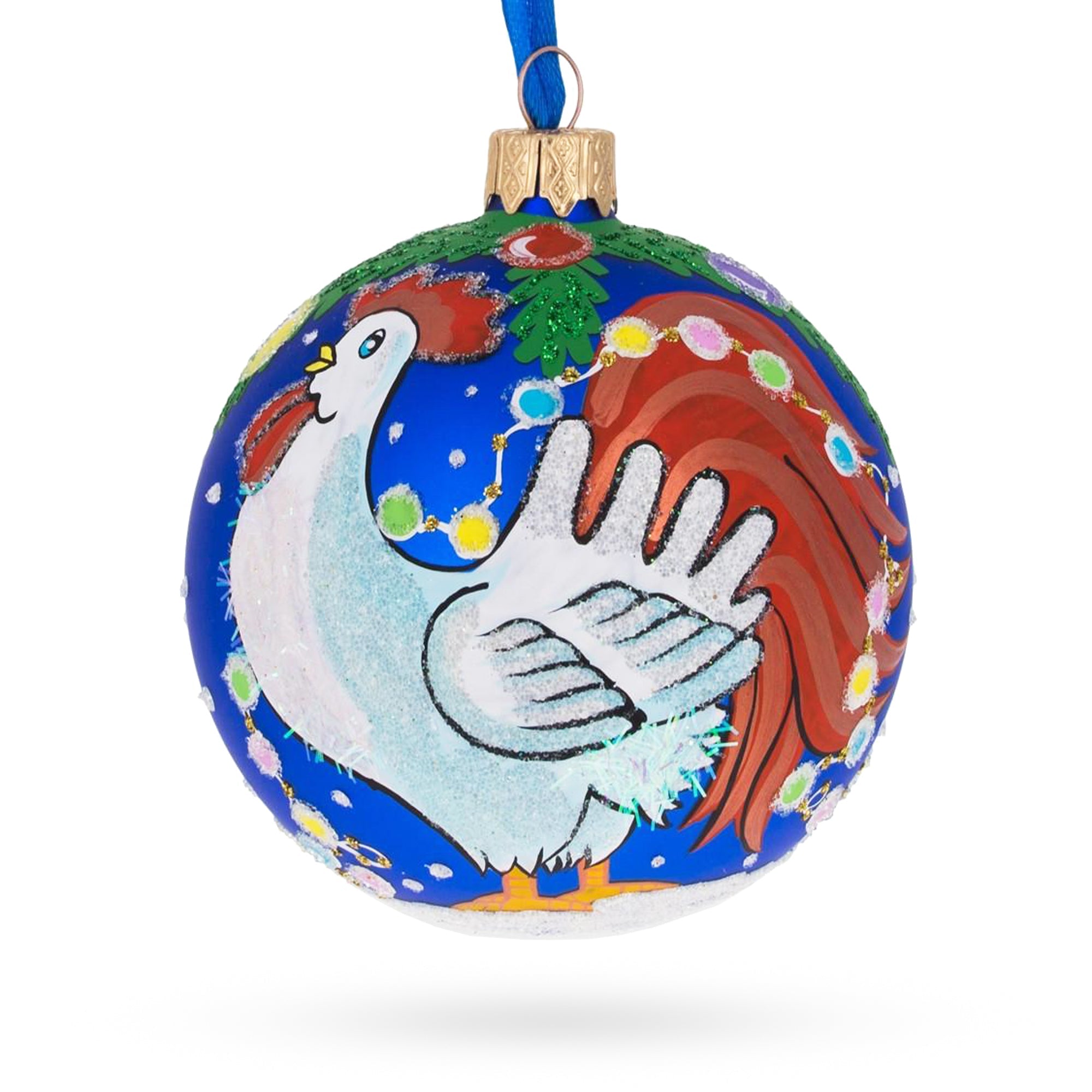 Festive White Rooster Adorned With Holiday Lights Blown Glass Ball Christmas Ornament 3.25 Inches