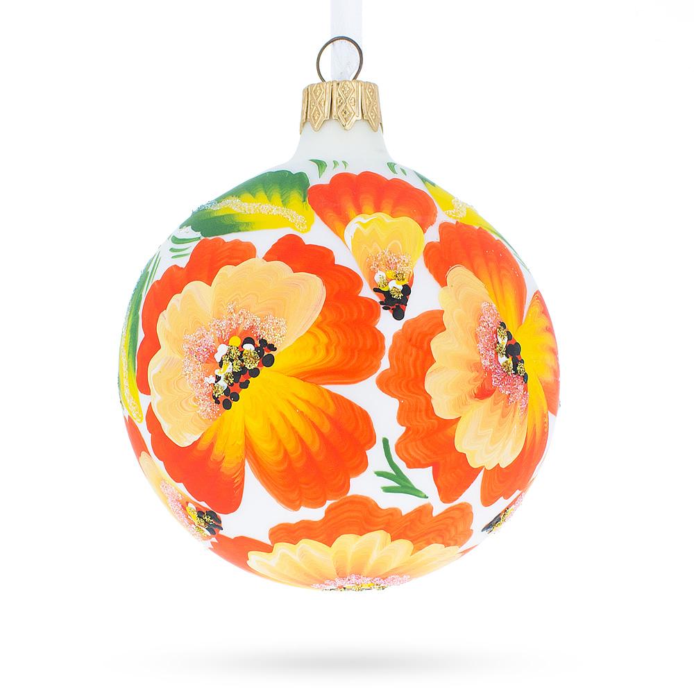 Charming Poppy Flowers On White Blown Glass Ball Christmas Ornament, 3.25 Inches