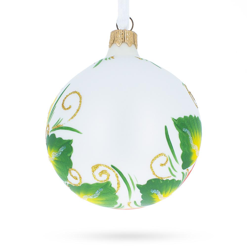 Charming Poppy Flowers On White Blown Glass Ball Christmas Ornament, 3.25 Inches