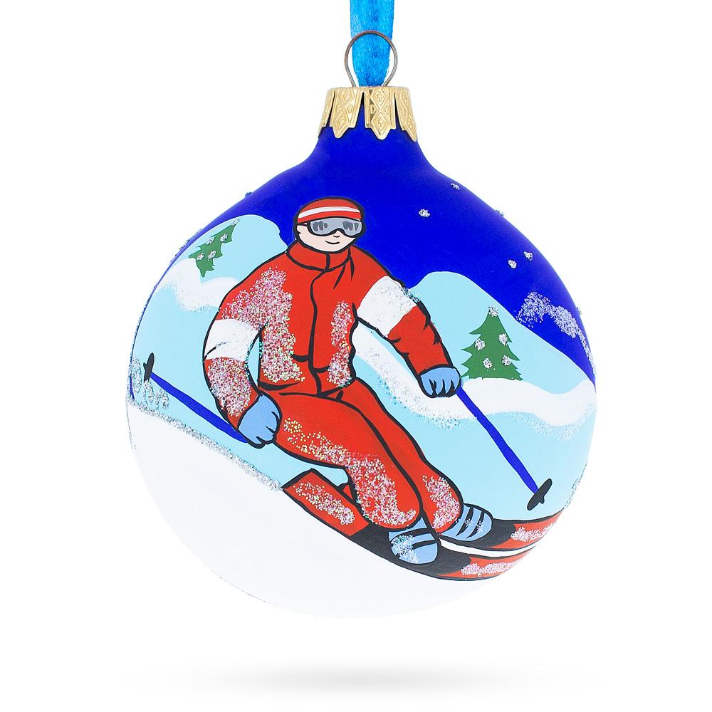 Winter Wonderland Skiing Blue - Blown Glass Ball Christmas Ornament 3.25 Inches