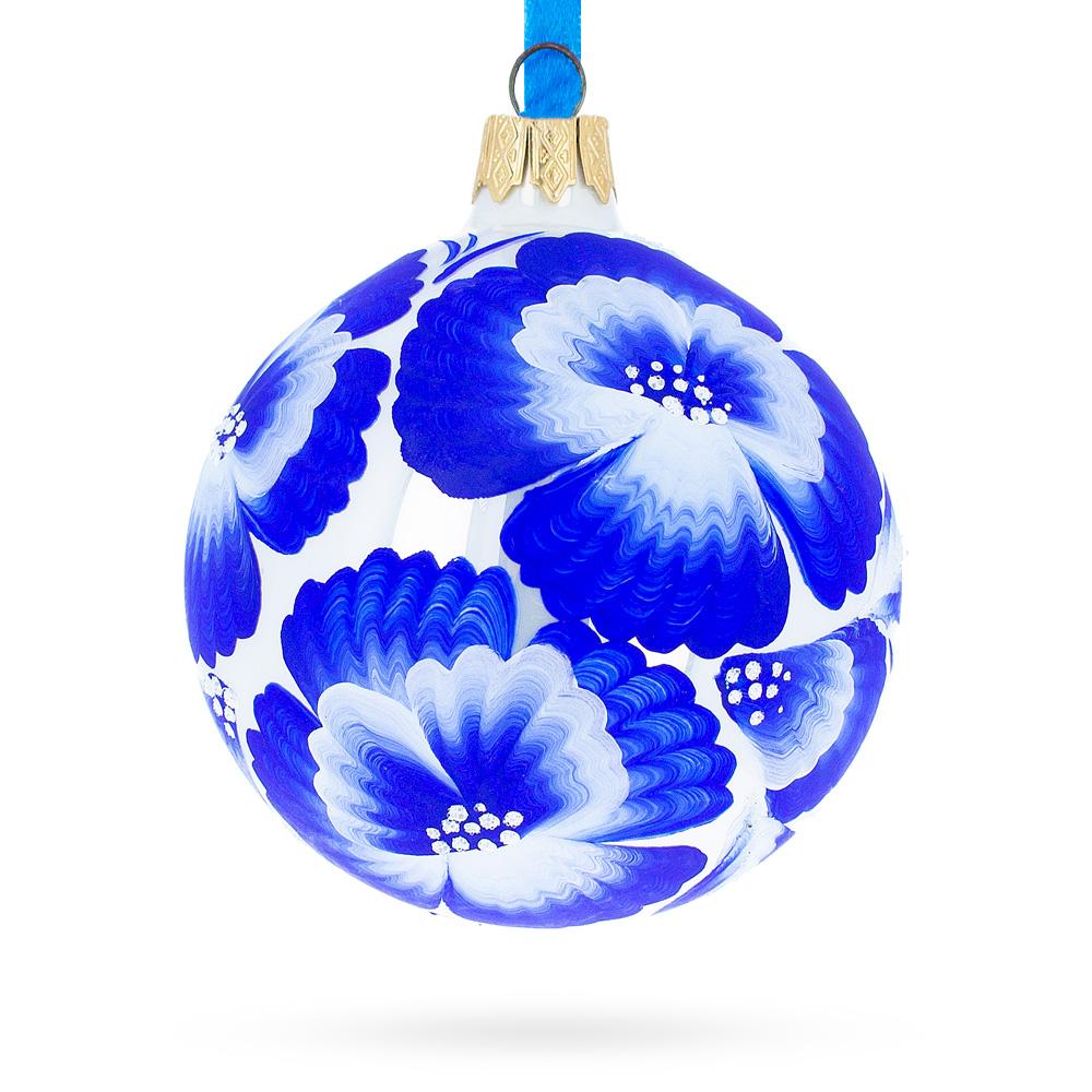 Elegant Pansies Flowers On White Blown Glass Ball Christmas Ornament 3.25 Inches