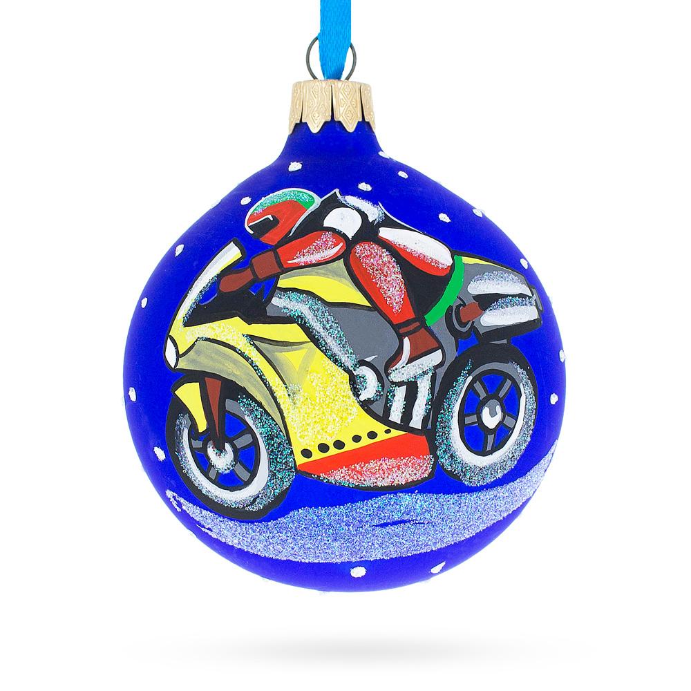 Revved-up Motorcycle - Blown Glass Ball Christmas Ornament 3.25 Inches