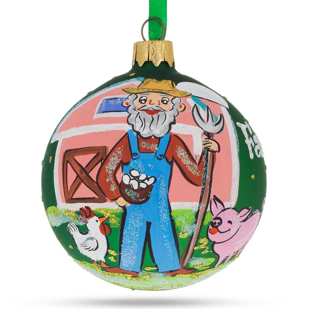 Countryside Charm: Farmer By The Barn Blown Glass Ball Christmas Ornament 3.25 Inches