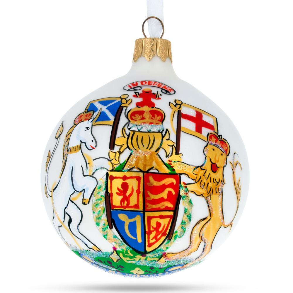 Royal Crest: Coat Of Arms Of United Kingdom Blown Glass Ball Christmas Ornament 3.25 Inches