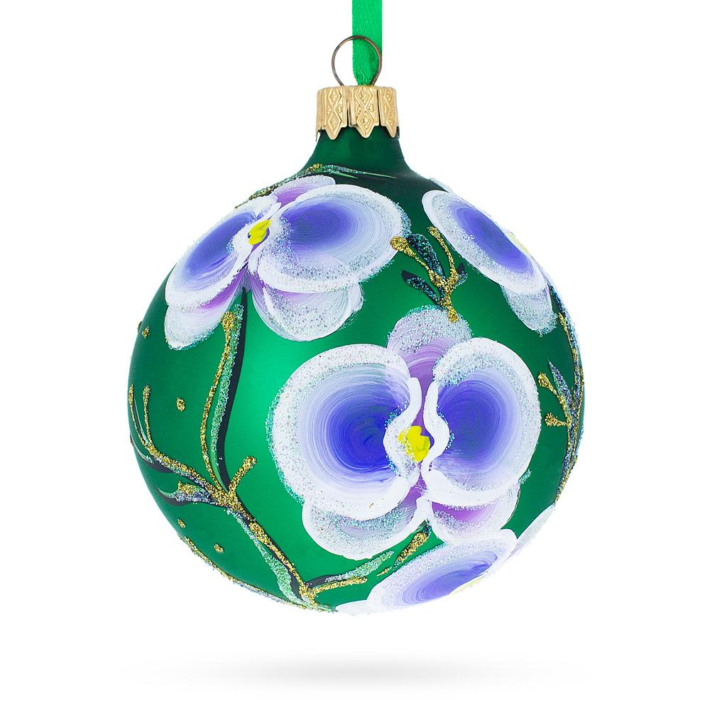 Elegant Blue Orchids On Verdant Green Blown Glass Ball Christmas Ornament 3.25 Inches