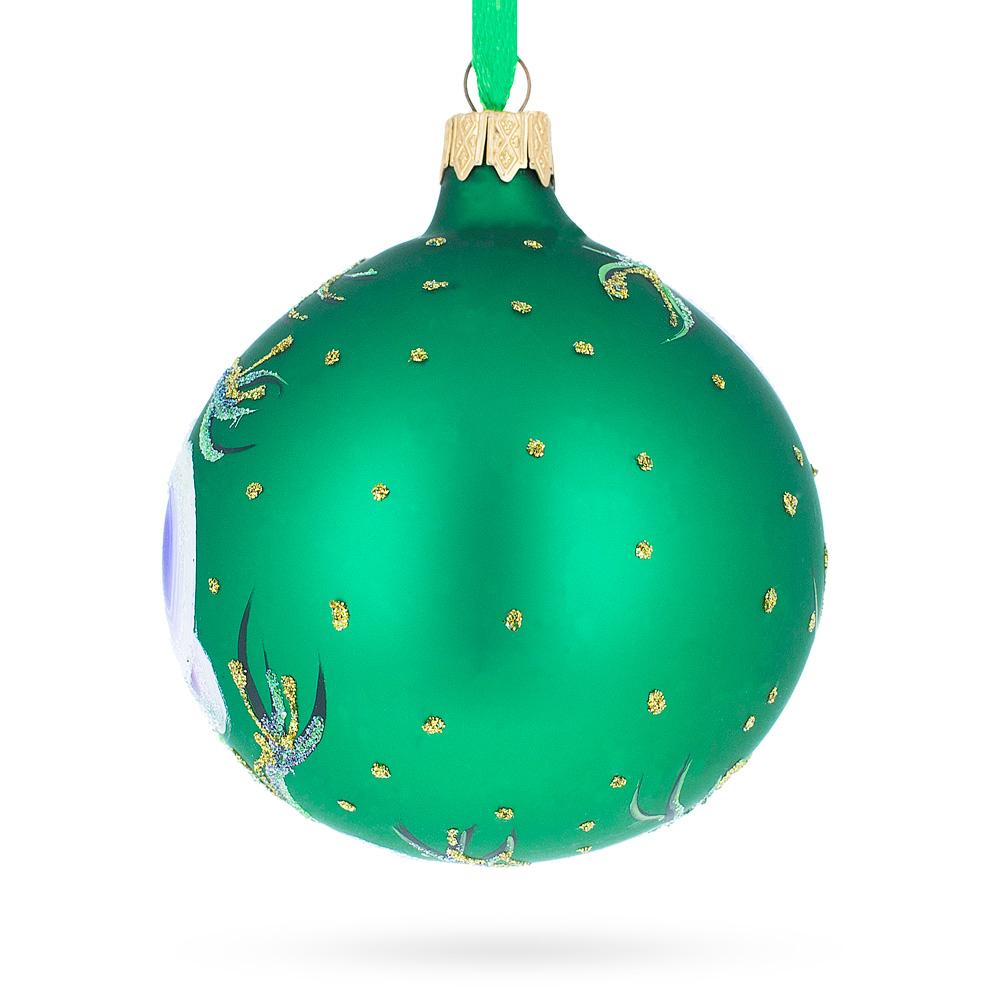 Elegant Blue Orchids On Verdant Green Blown Glass Ball Christmas Ornament 3.25 Inches