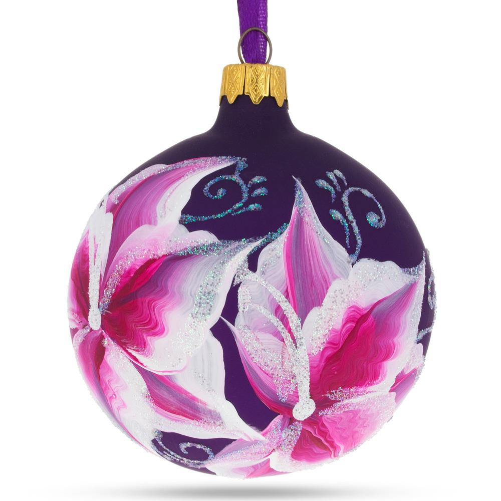 Graceful Purple Lily Blossoms Blown Glass Ball Christmas Ornament 3.25 Inches