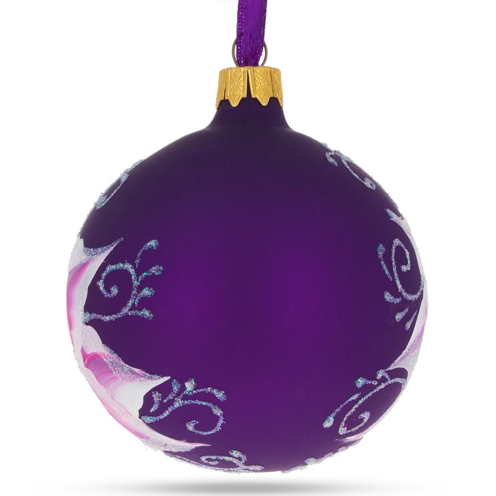 Graceful Purple Lily Blossoms Blown Glass Ball Christmas Ornament 3.25 Inches