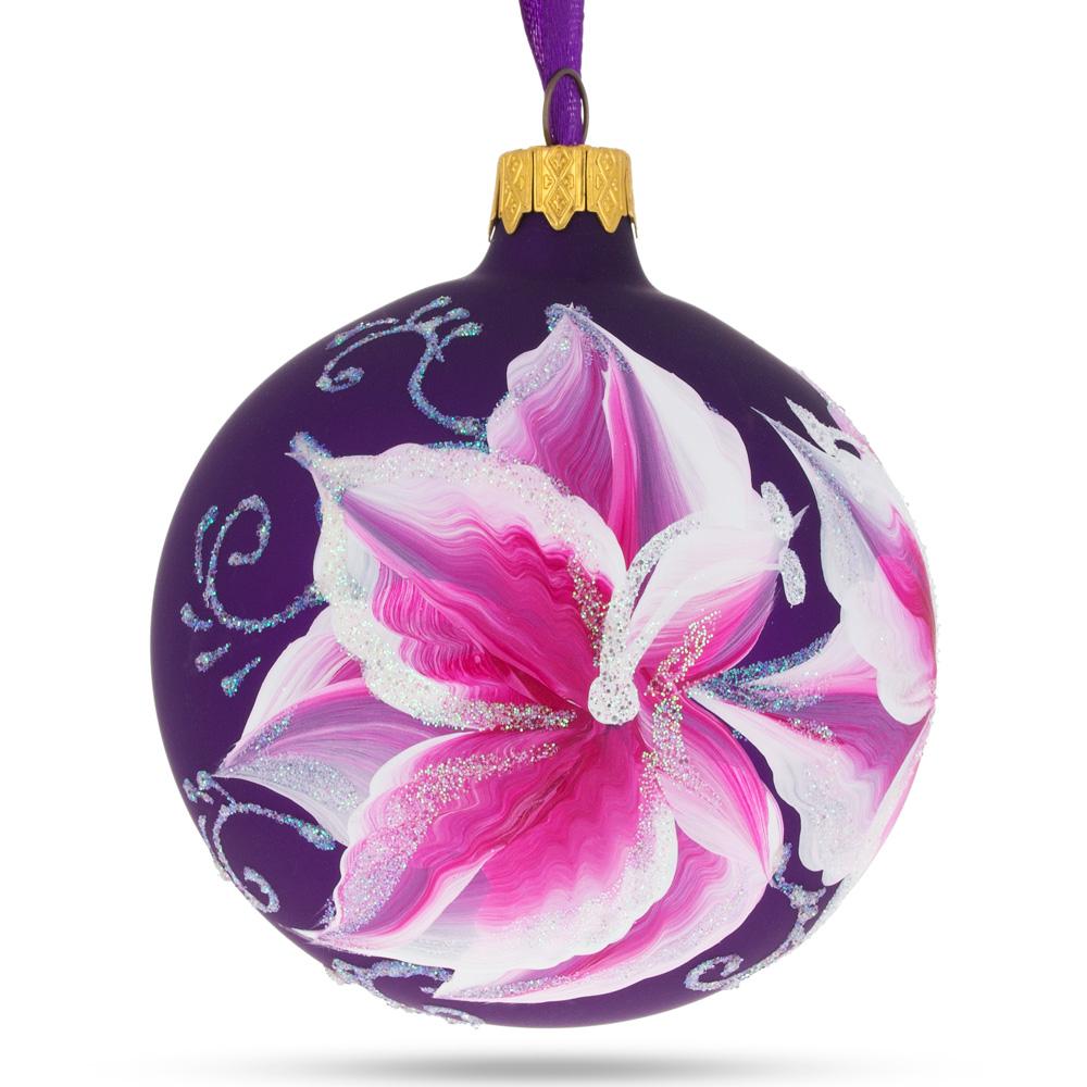 Graceful Purple Lily Blossoms Blown Glass Ball Christmas Ornament 3.25 Inches