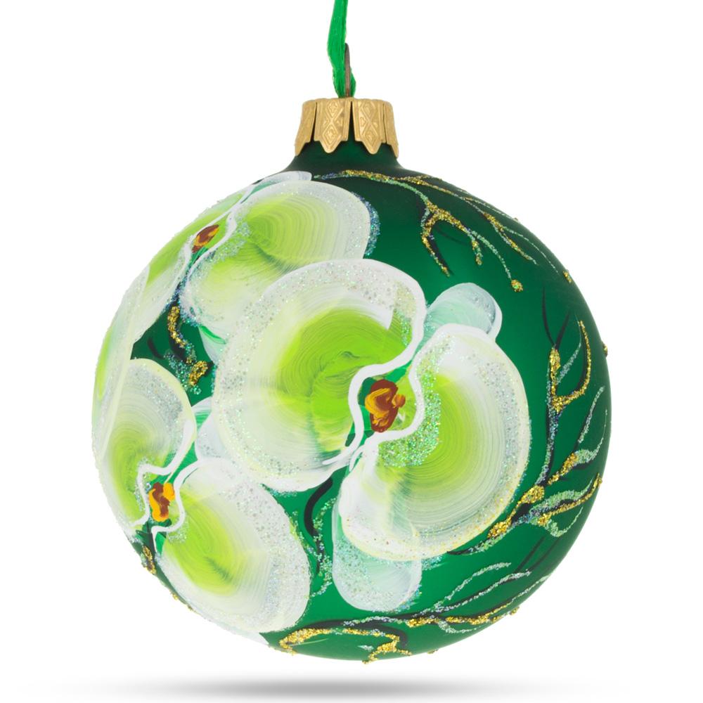 Tropical Green Orchid Elegance Blown Glass Ball Christmas Ornament 3.25 Inches