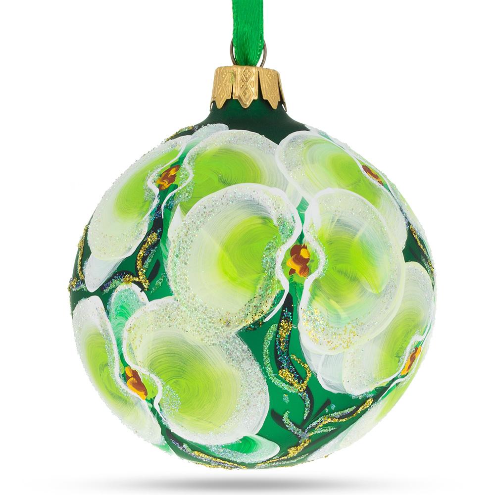 Tropical Green Orchid Elegance Blown Glass Ball Christmas Ornament 3.25 Inches