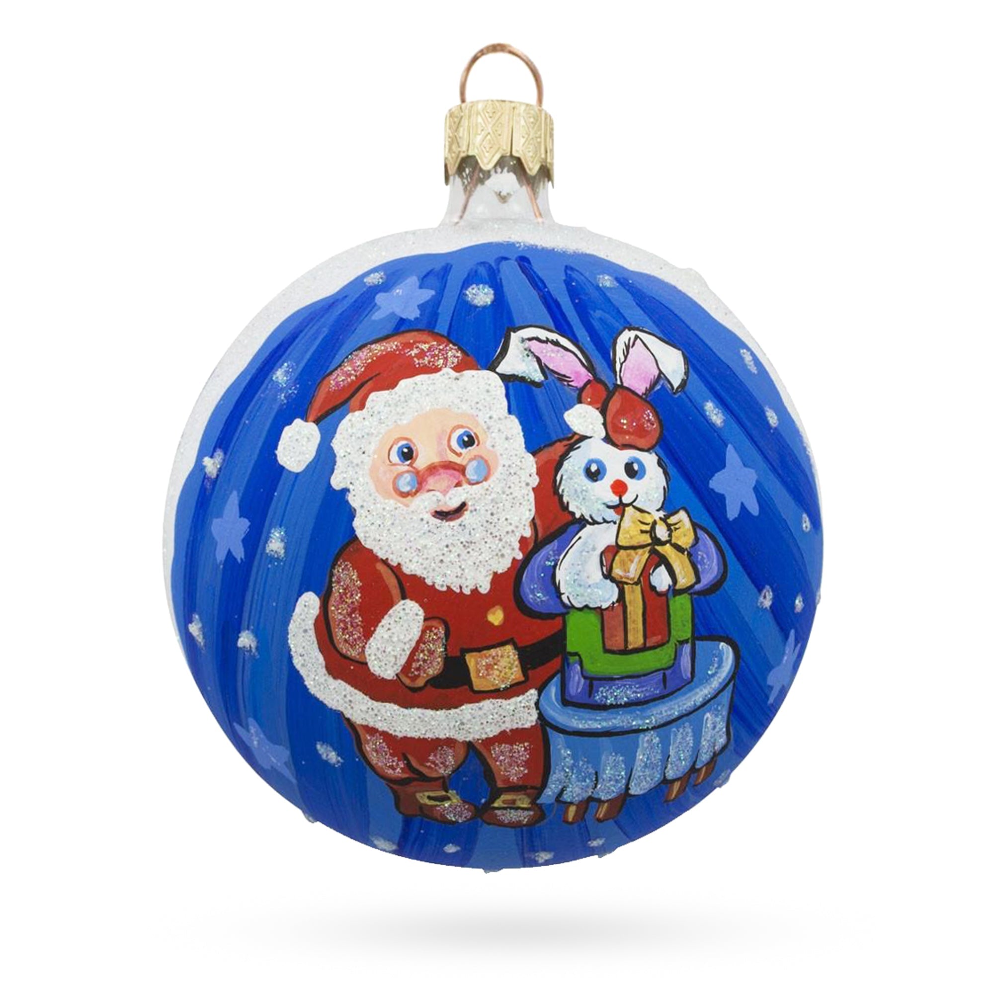 Enchanted Evening: Santa's Magical Rabbit Trick Blown Glass Ball Christmas Ornament 3.25 Inches