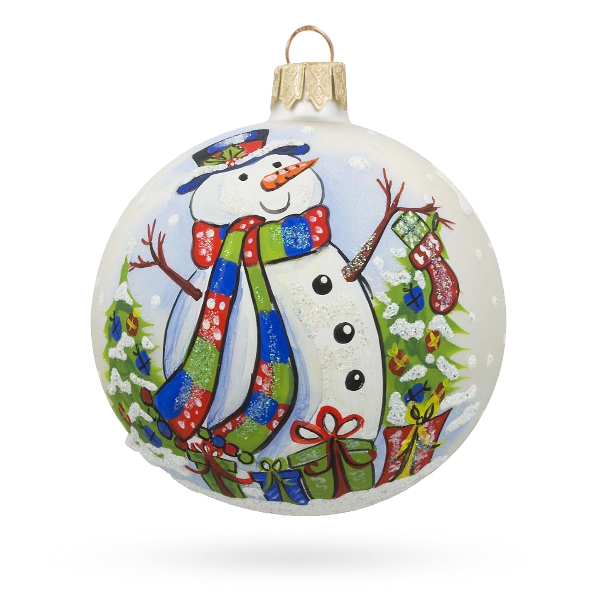 Festive Harmony: Snowman With Christmas Tree And Gifts Blown Glass Ball Ornament 3.25 Inches