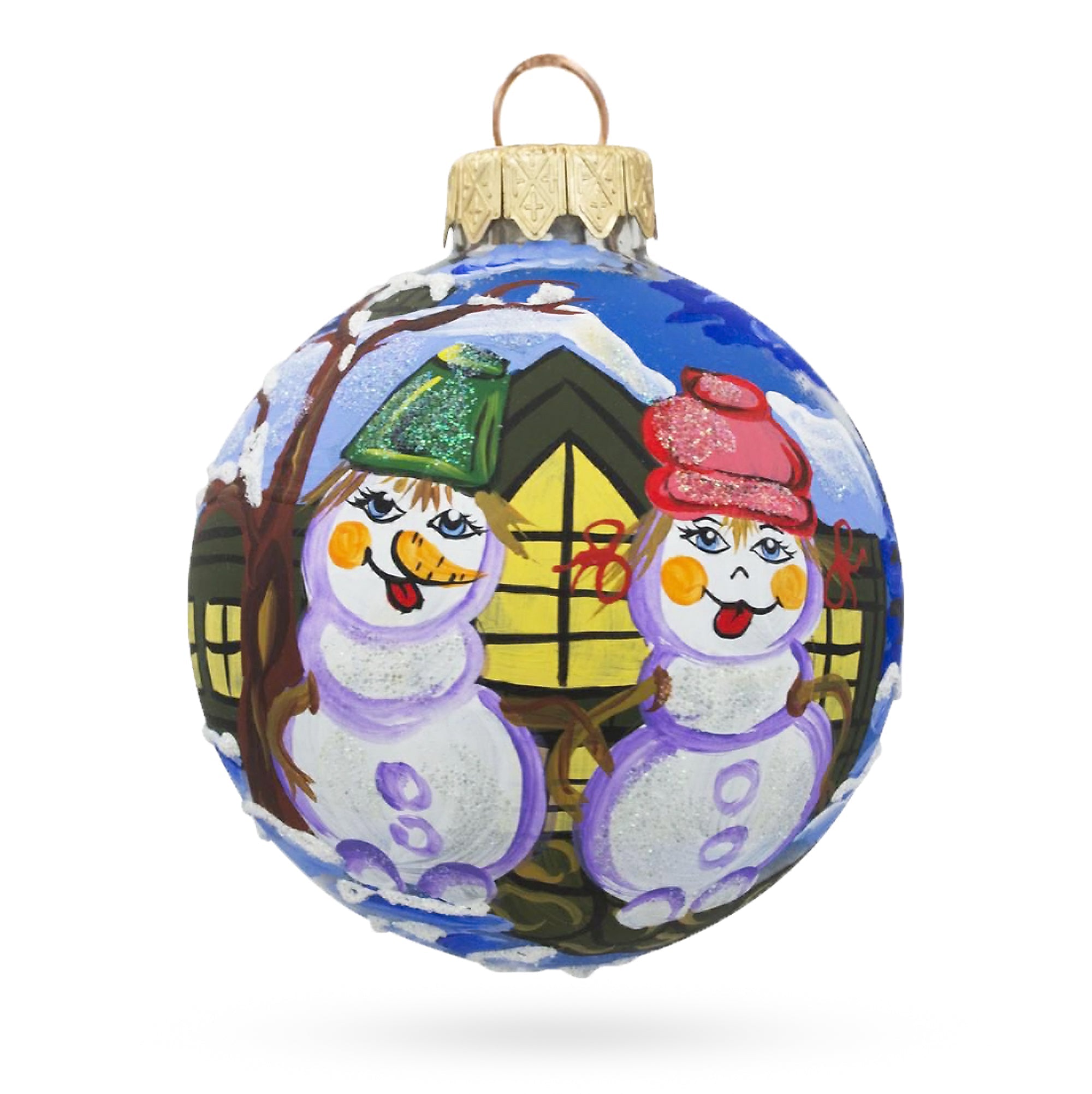 Snowy Romance: Snowman Couple Blown Glass Ball Christmas Ornament 3.25 Inches