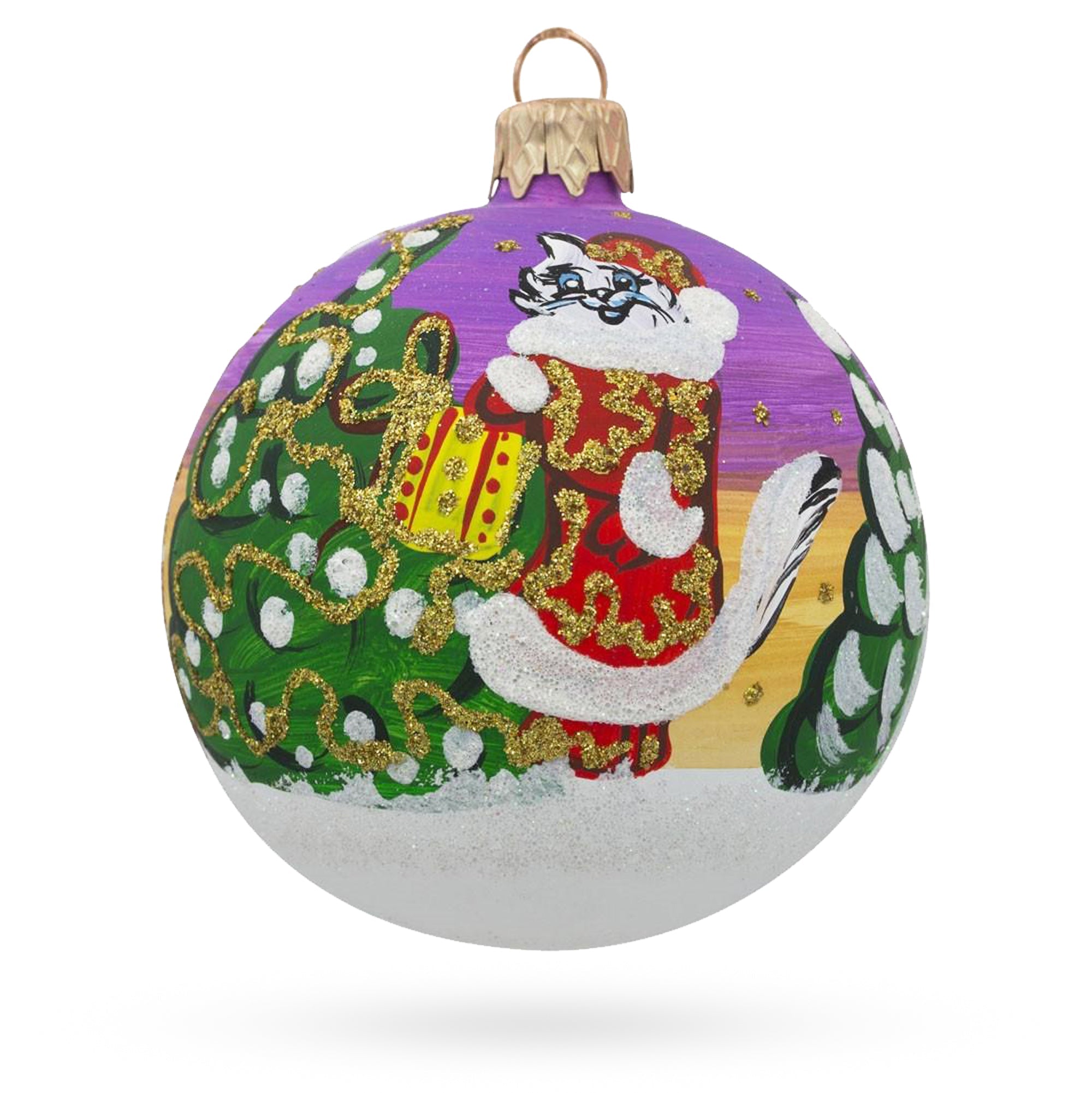 Mischievous Kitty: Cat Leaving Holiday Gifts Blown Glass Ball Christmas Ornament 3.25 Inches