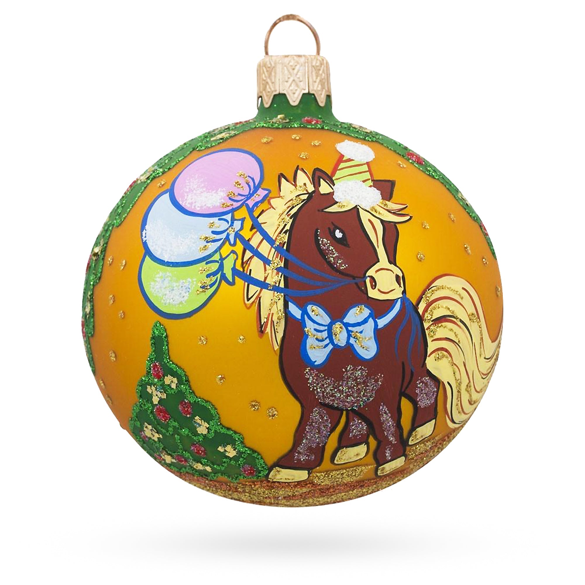 Whimsical Horse With Floating Balloons Blown Glass Ball Christmas Ornament 3.25 Inches