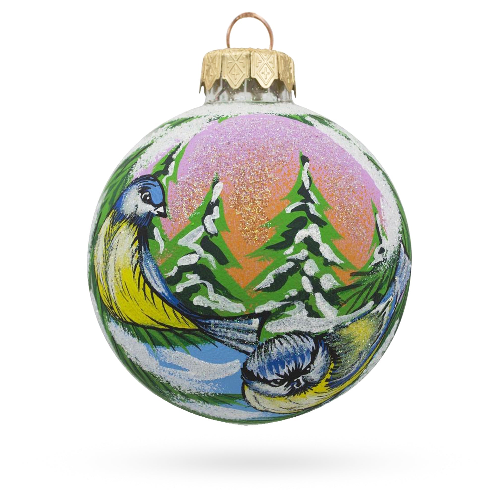 Chirping Duo: Twin Blue Birds Blown Glass Ball Christmas Ornament 3.25 Inches