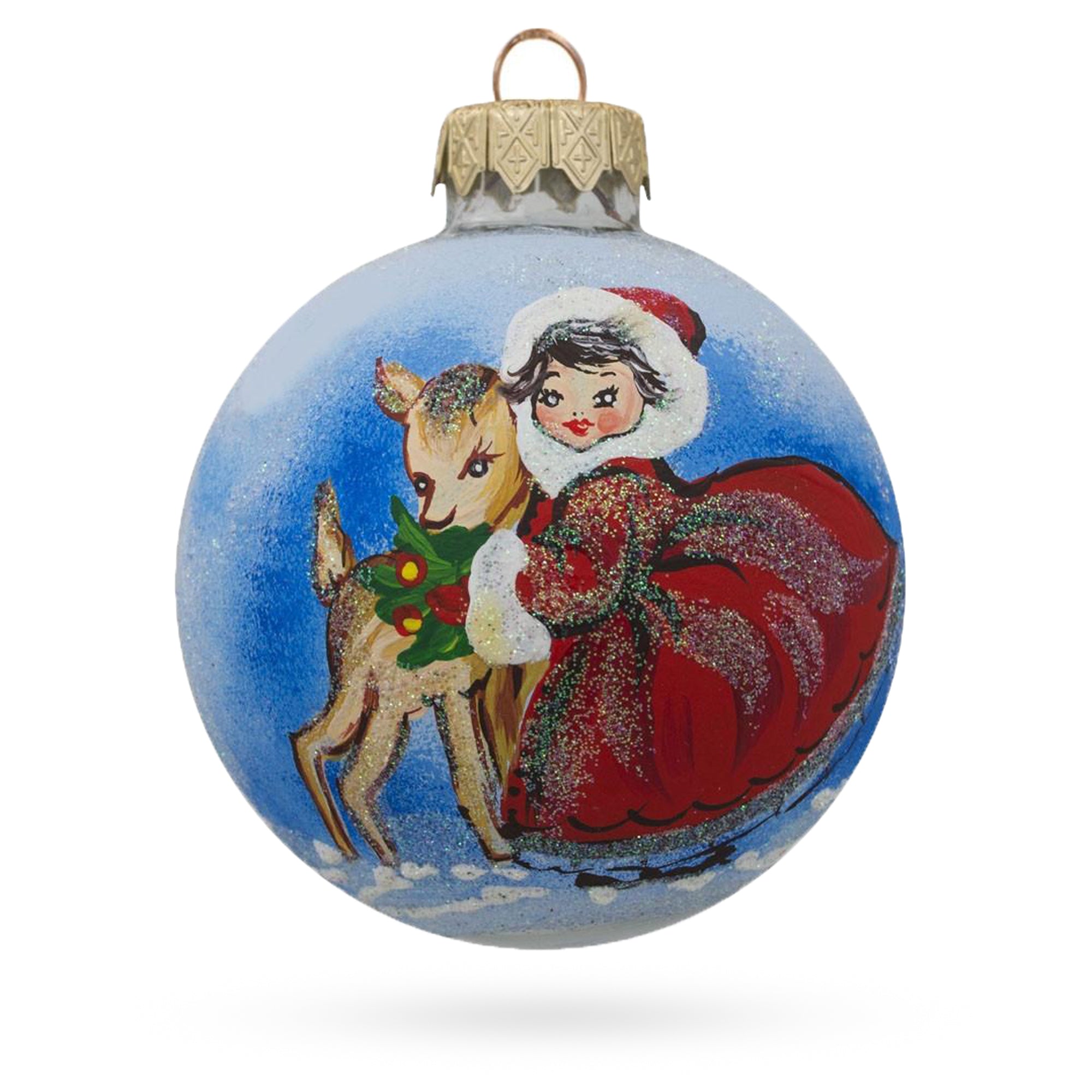 Enchanted Evening: Girl And Reindeer Blown Glass Ball Christmas Ornament 3.25 Inches