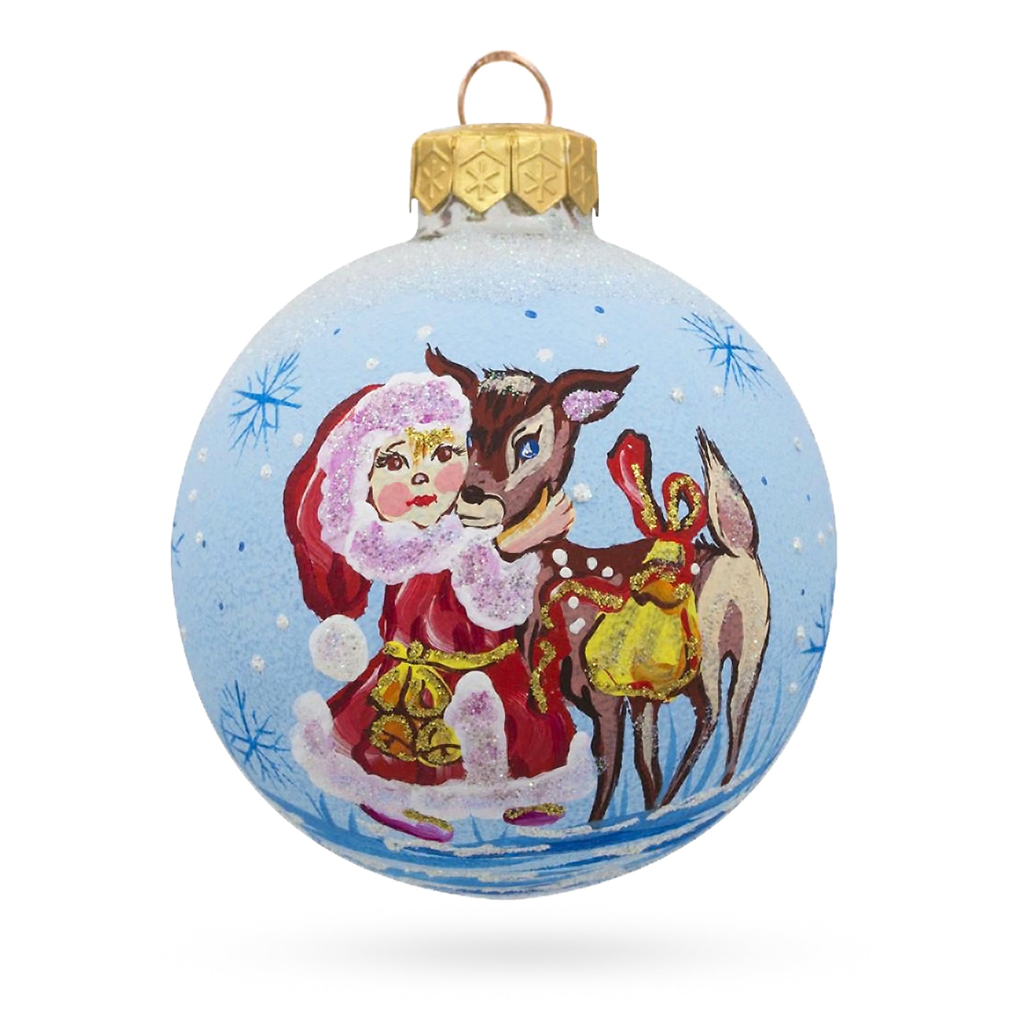 Whimsical Winter Duo: Girl And Reindeer Blown Glass Ball Christmas Ornament 3.25 Inches