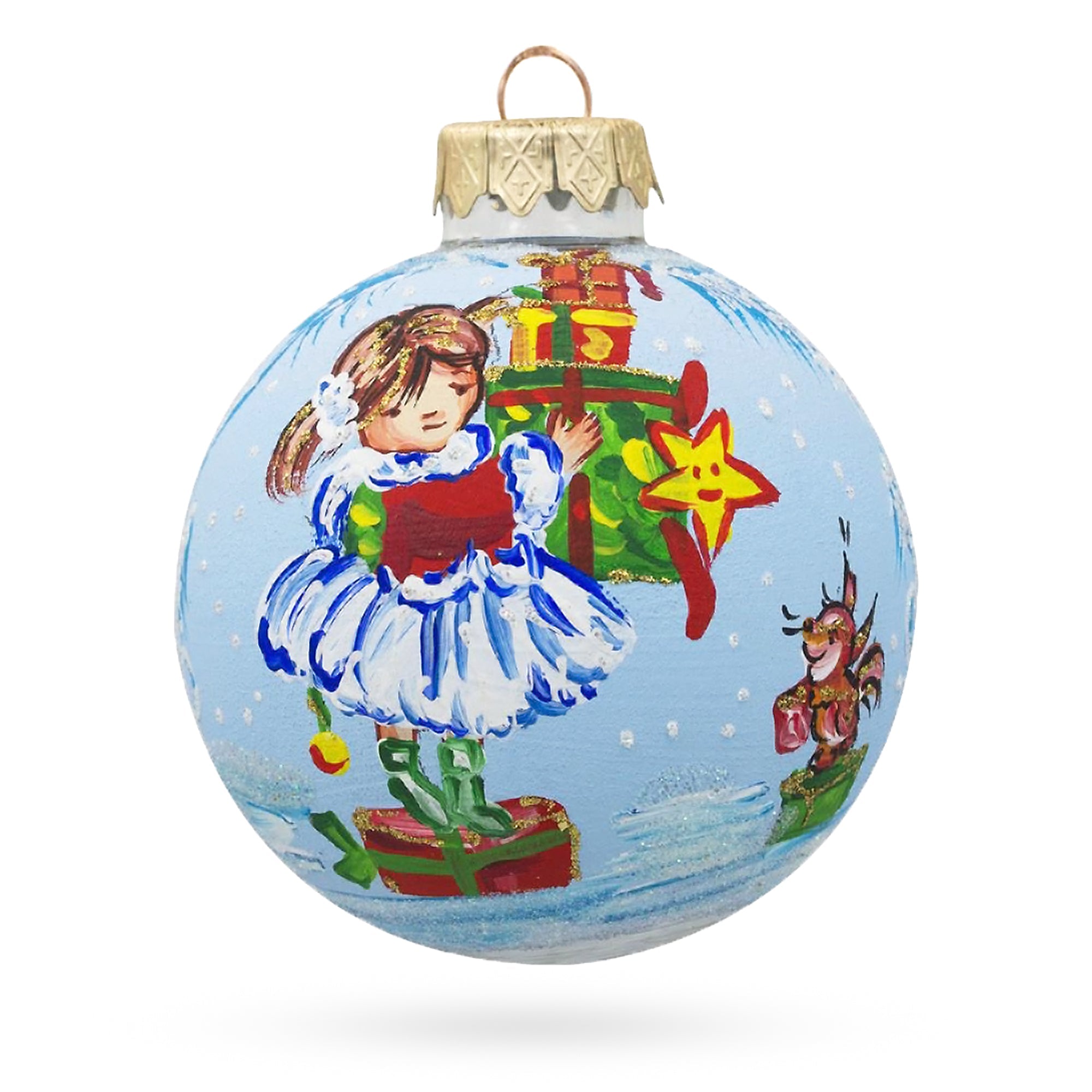 Christmas Delight: Little Girl Holding Gifts Blown Glass Ball Christmas Ornament 3.25 Inches