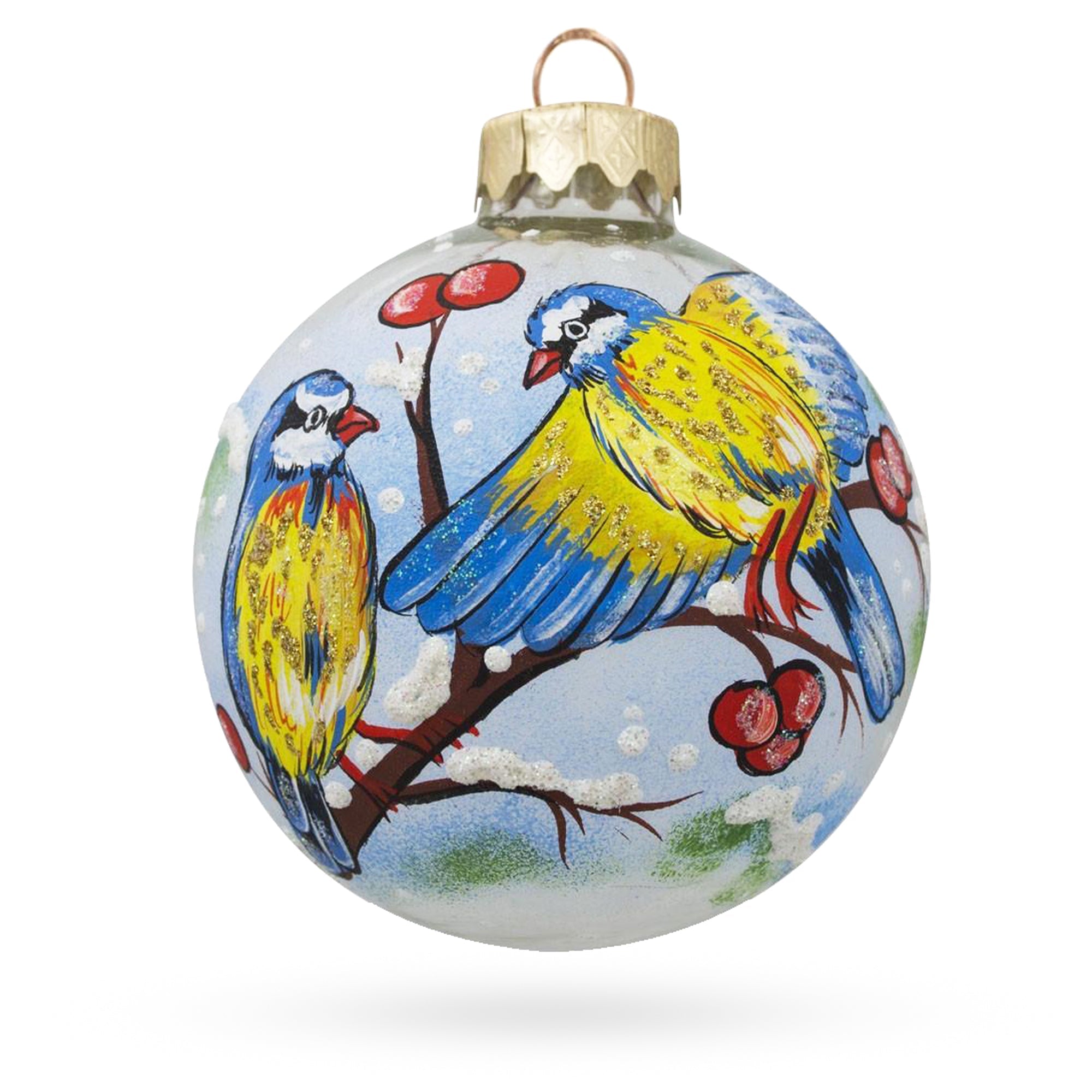 Harmony In Nature: Blue And Yellow Birds On Branch Blown Glass Ball Christmas Ornament 3.25 Inches