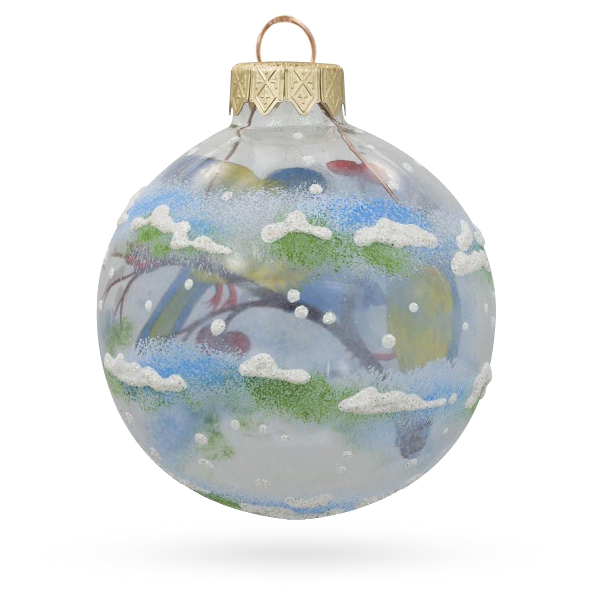 Harmony In Nature: Blue And Yellow Birds On Branch Blown Glass Ball Christmas Ornament 3.25 Inches