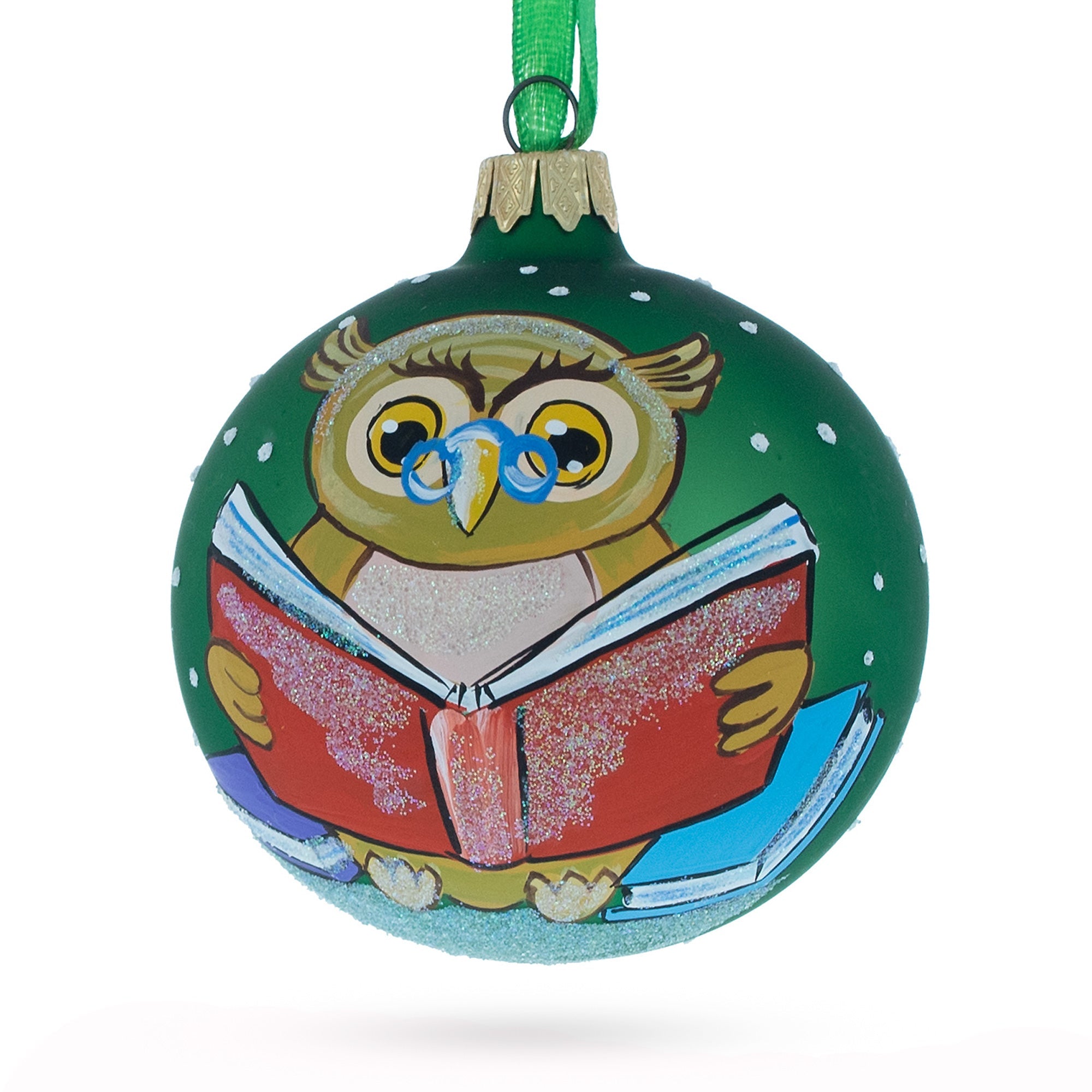 Scholarly Wise Owl With Tome: Blown Glass Ball Christmas Ornament 3.25 Inches