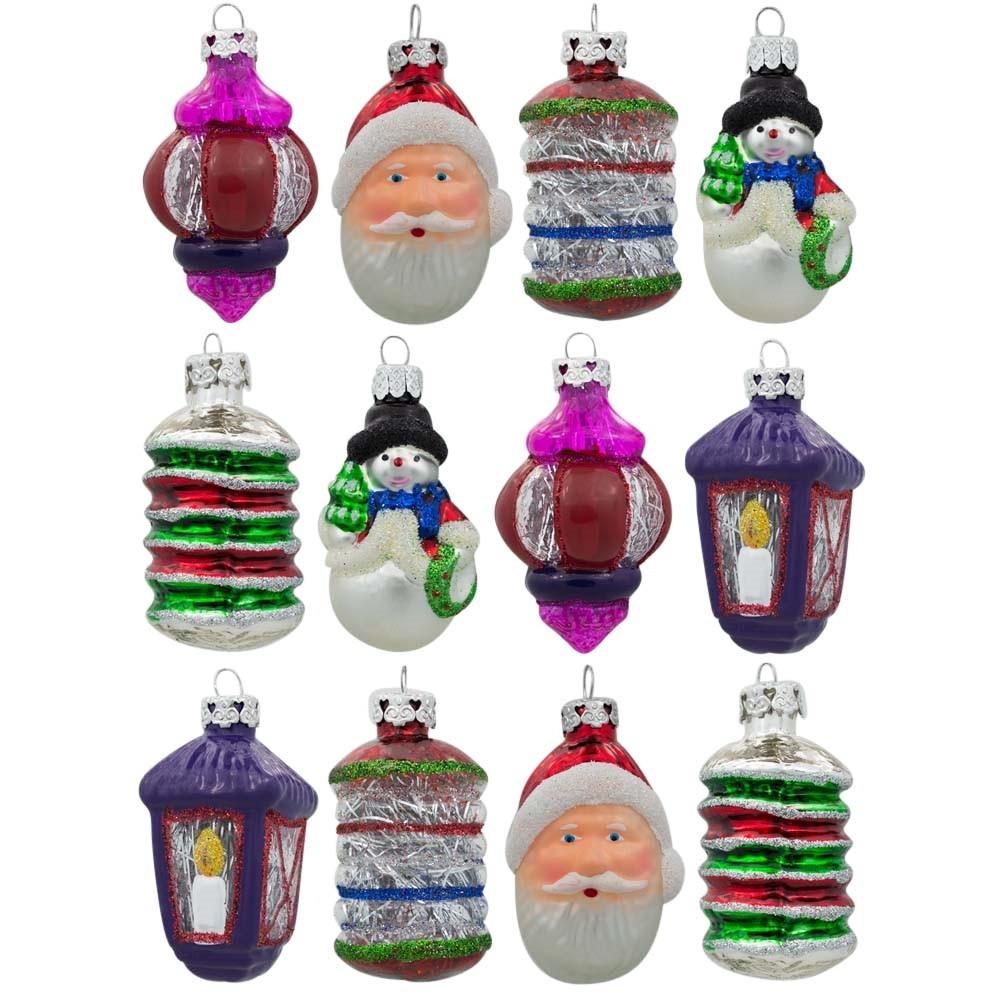 Set Of 12 Santa, Snowman And Lantern Christmas Glass Ornaments 2.5 Inches