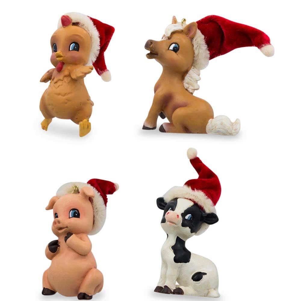 Chick, Piglet, Calf And Pony In Santa Hats- Christmas Ornaments 3 Inches