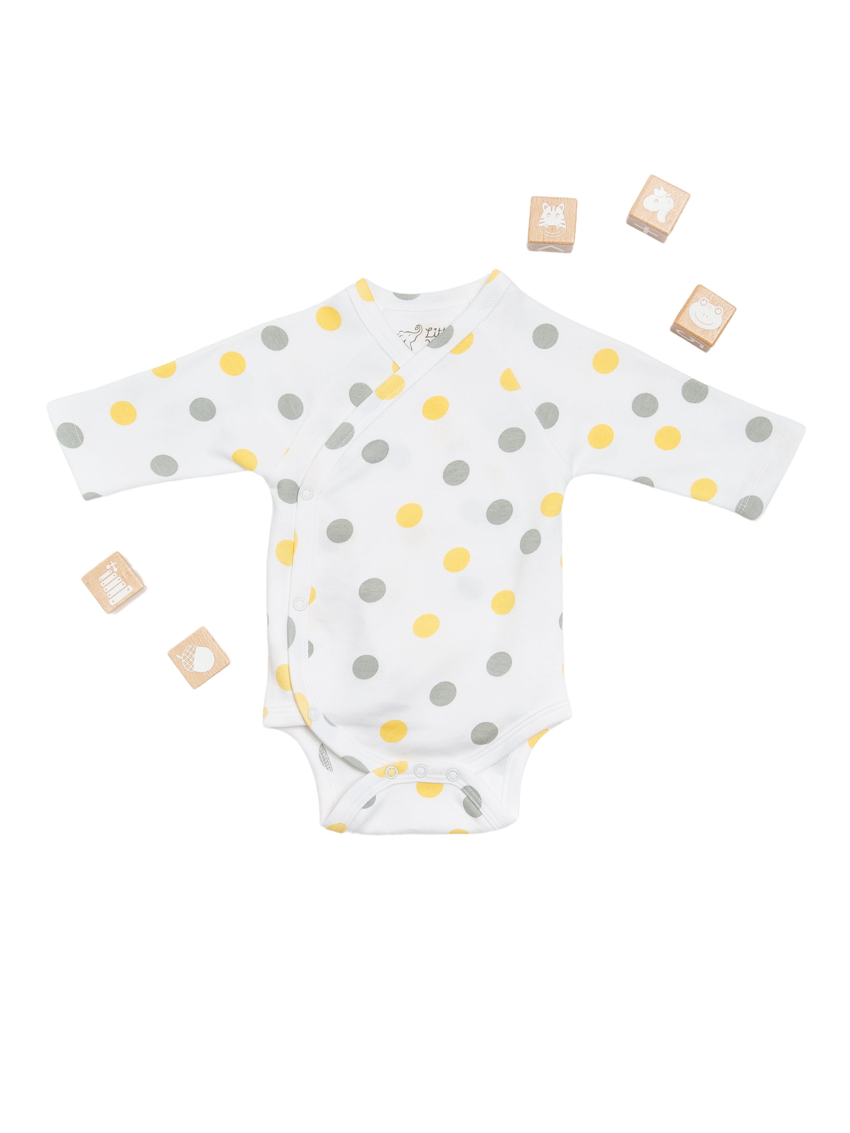 Organic Cotton Kimono Bodysuit - Yellow & Gray Polka Dots