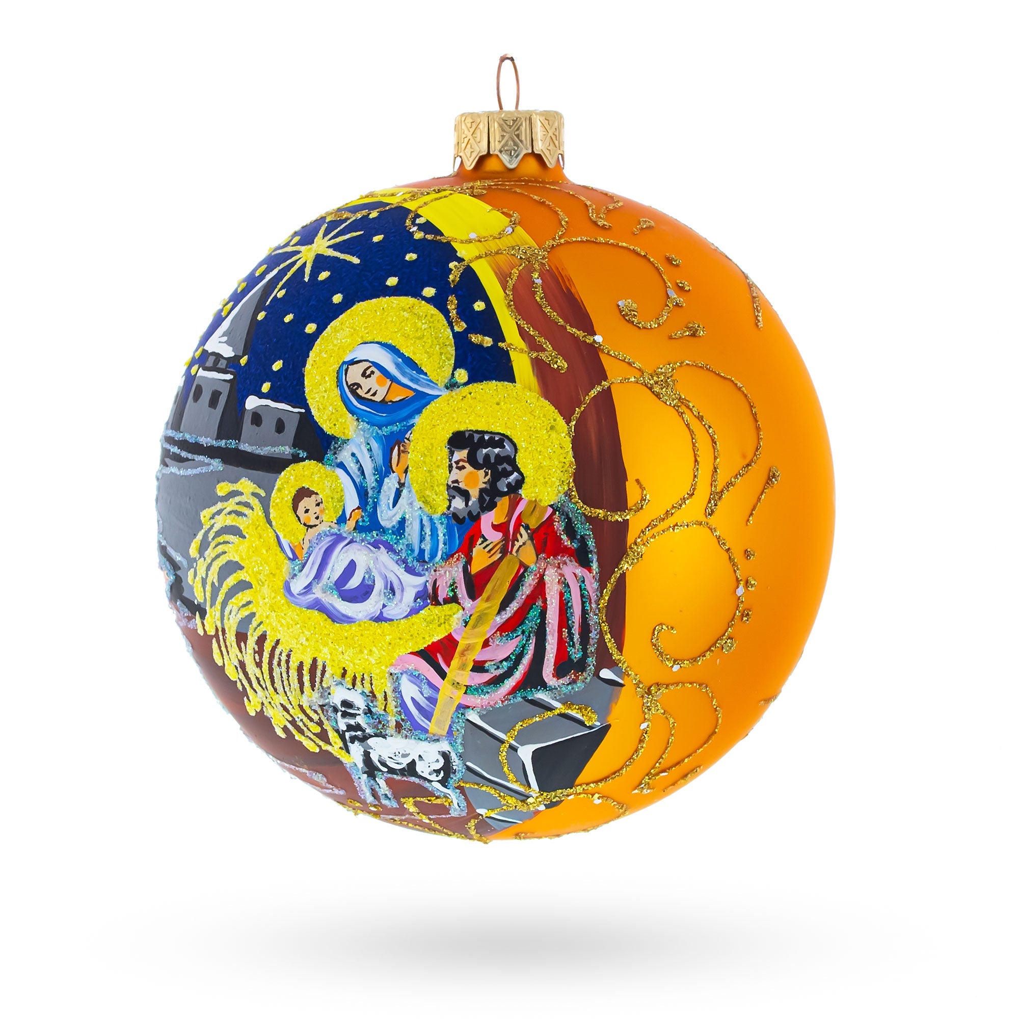 Sacred And Elegant Nativity Scene On Gold Glass Ball - Blown Glass Christmas Ornament 4 Inches