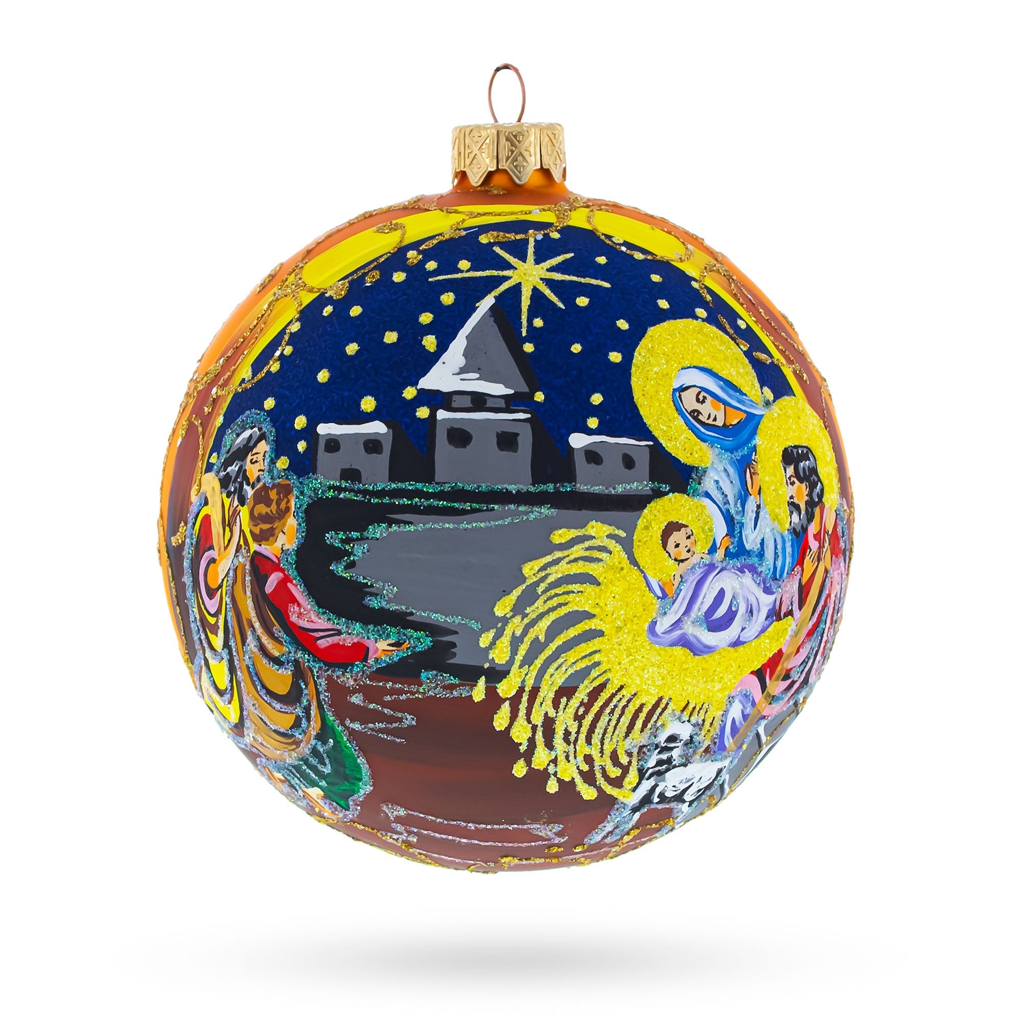 Sacred And Elegant Nativity Scene On Gold Glass Ball - Blown Glass Christmas Ornament 4 Inches