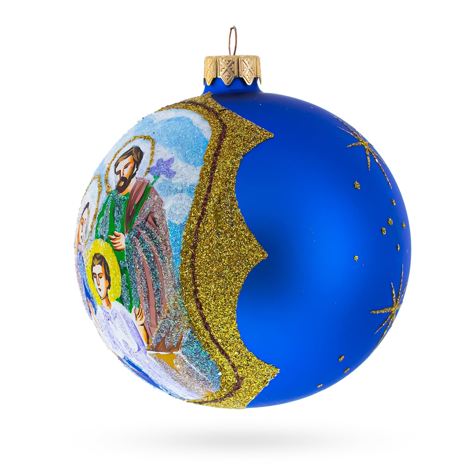 Sacred Holy Family Glittered - Blown Glass Ball Christmas Ornament 4 Inches