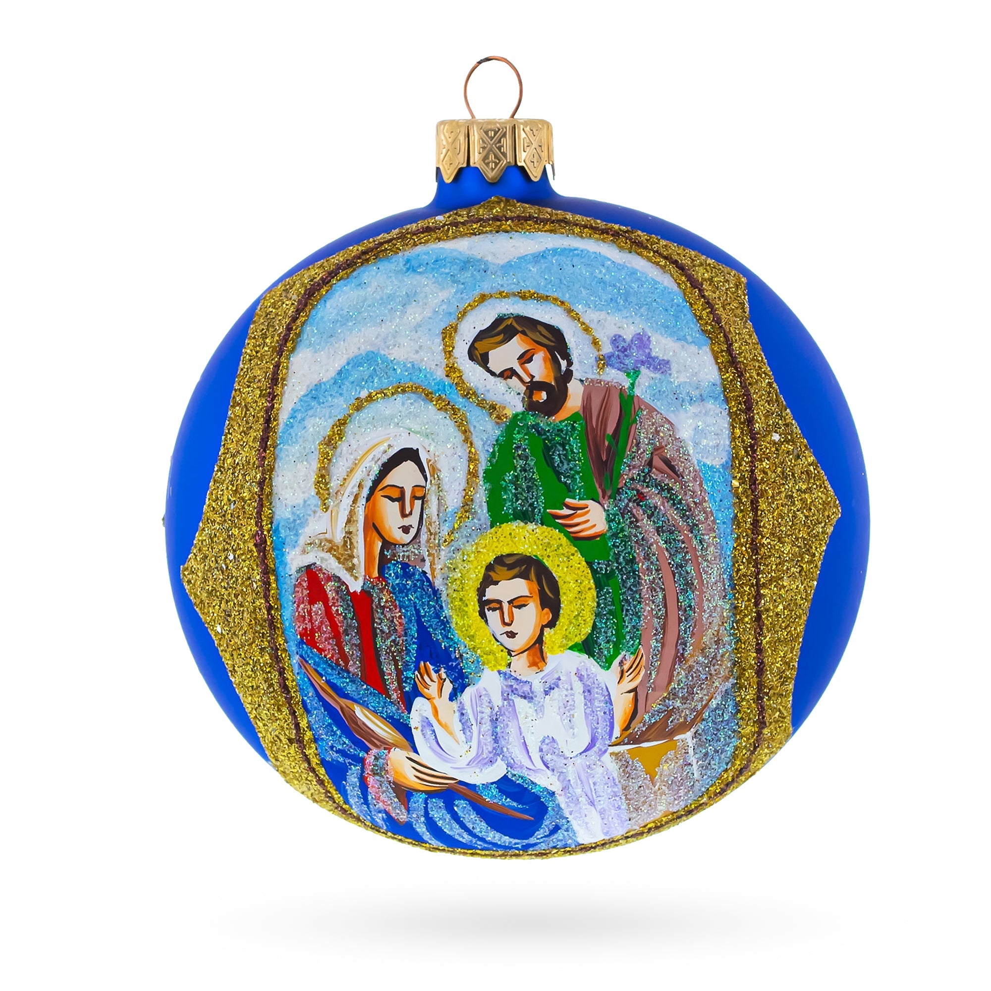 Sacred Holy Family Glittered - Blown Glass Ball Christmas Ornament 4 Inches