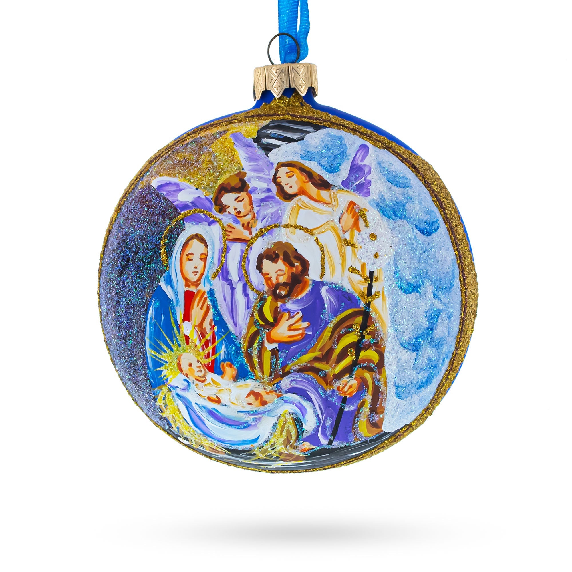 Divine Angels Admiring Jesus Nativity Scene - Blown Glass Ball Christmas Ornament 4 Inches