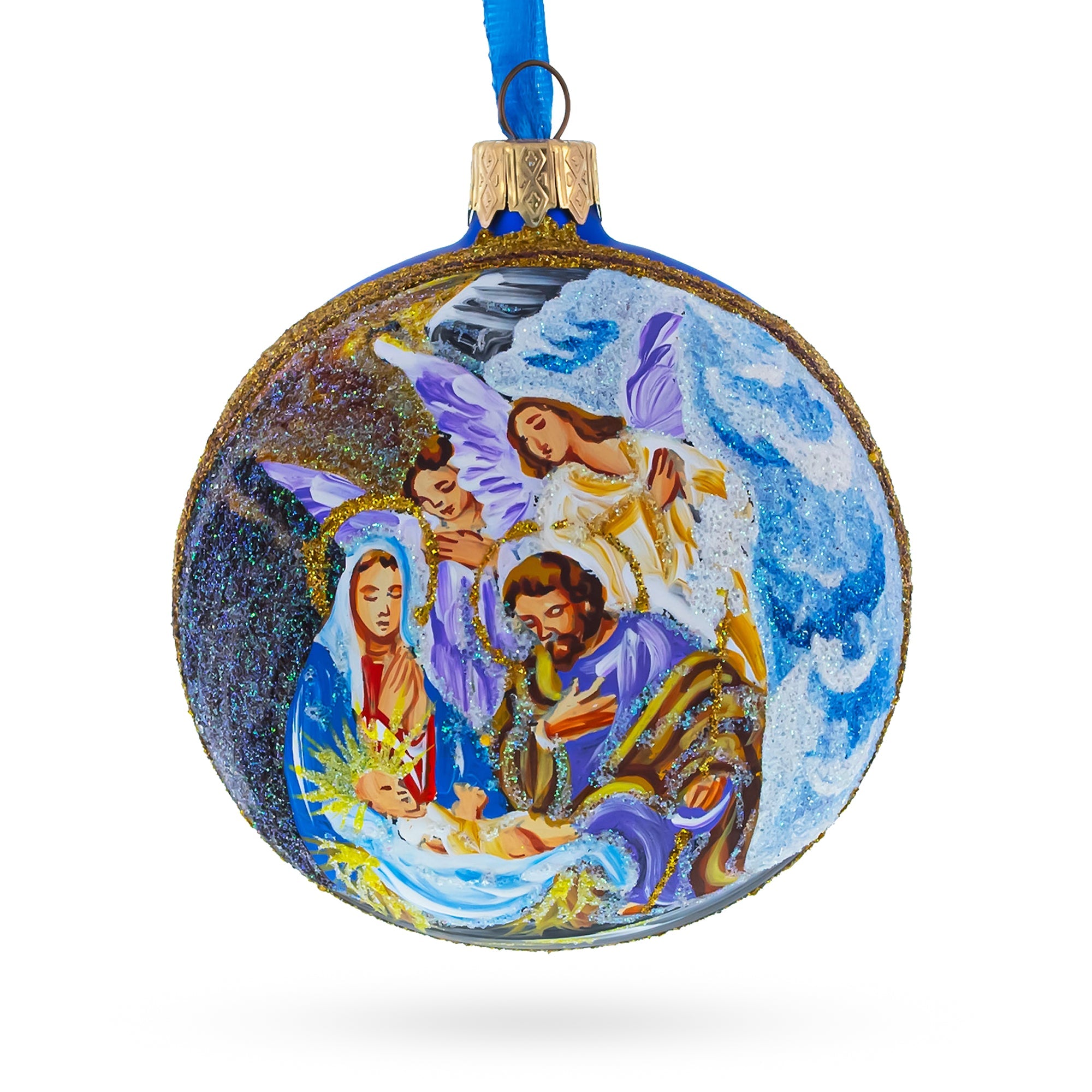 Divine Angels Admiring Jesus Nativity Scene - Blown Glass Ball Christmas Ornament 3.25 Inches