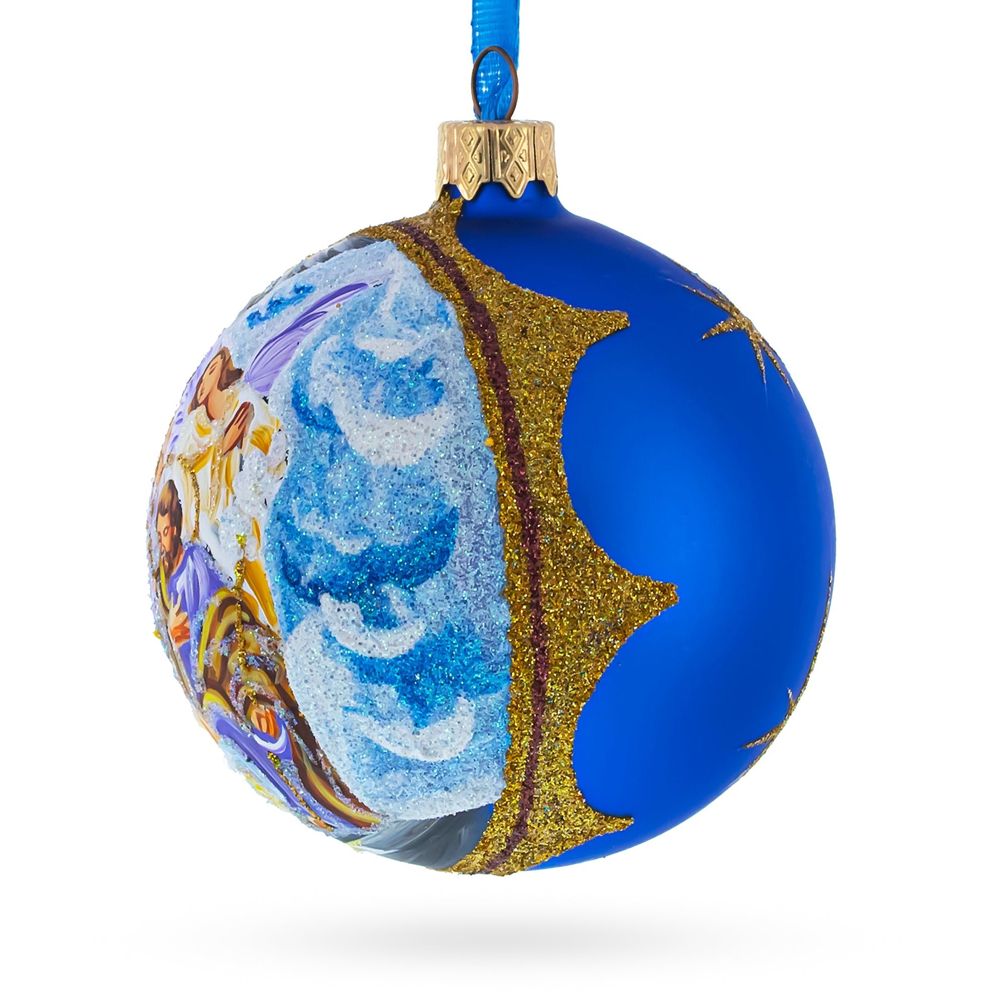 Divine Angels Admiring Jesus Nativity Scene - Blown Glass Ball Christmas Ornament 3.25 Inches