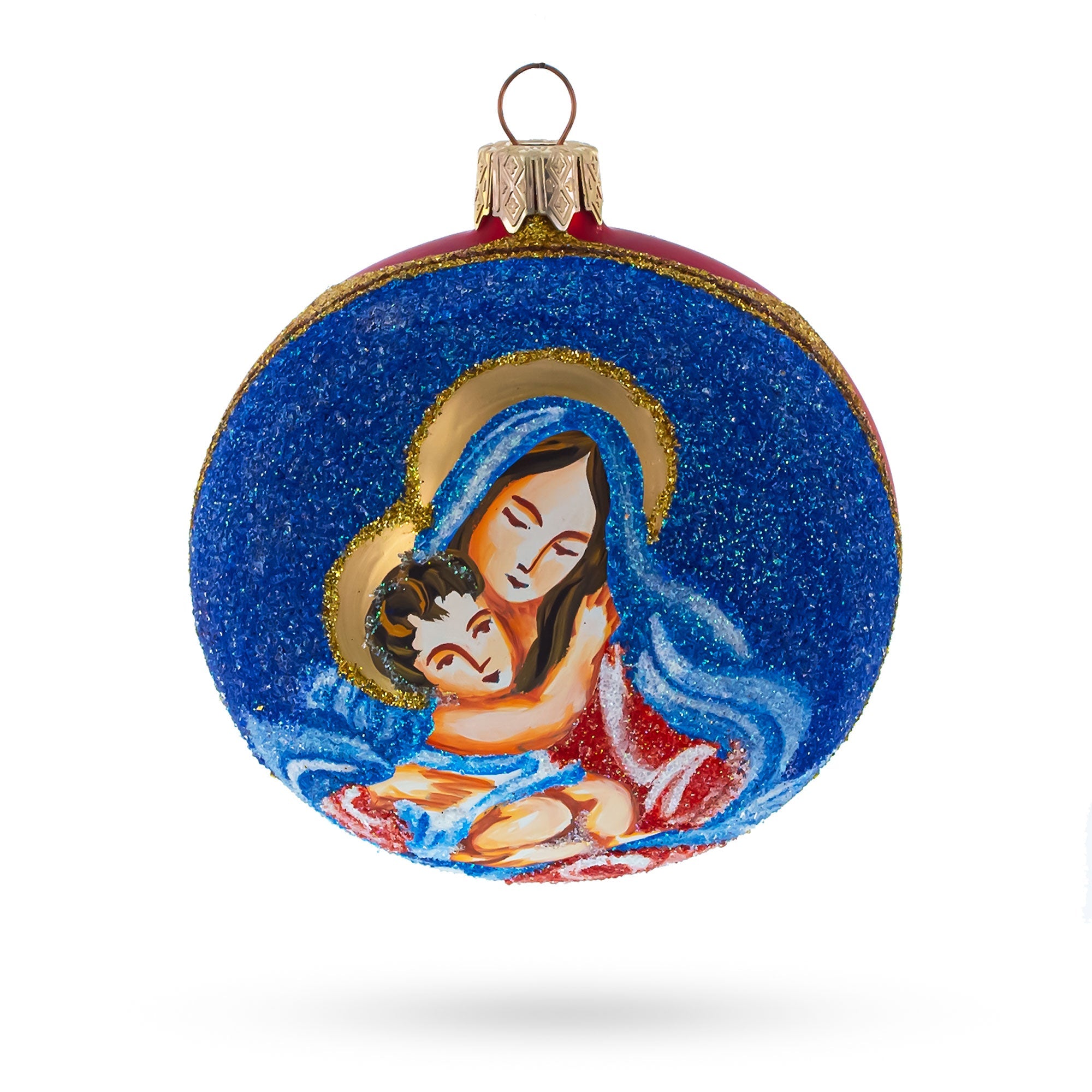 Sacred Virgin Mary Holding Jesus - Blown Glass Ball Christmas Ornament 3.25 Inches