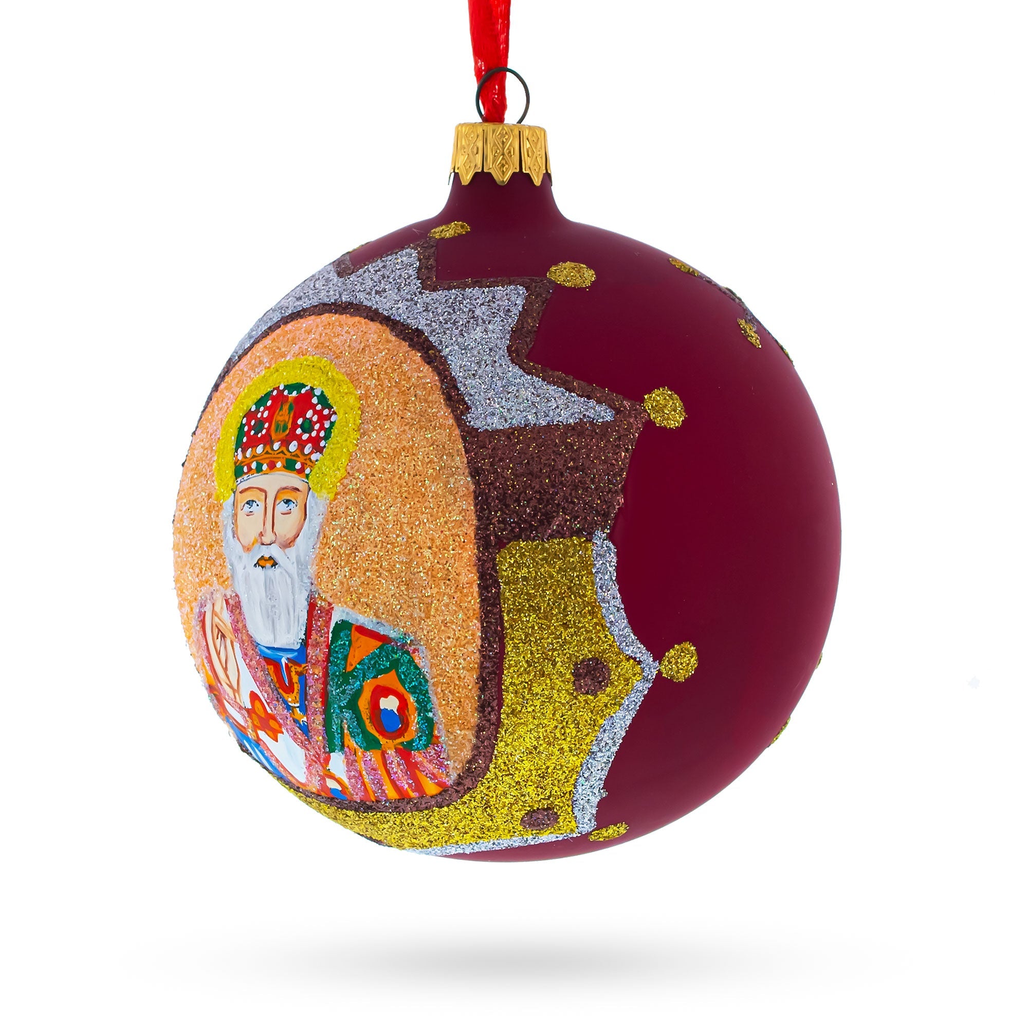 Reverent St. Nicholas With The Bible On Red Blown Glass Ball Christmas Ornament 4 Inches