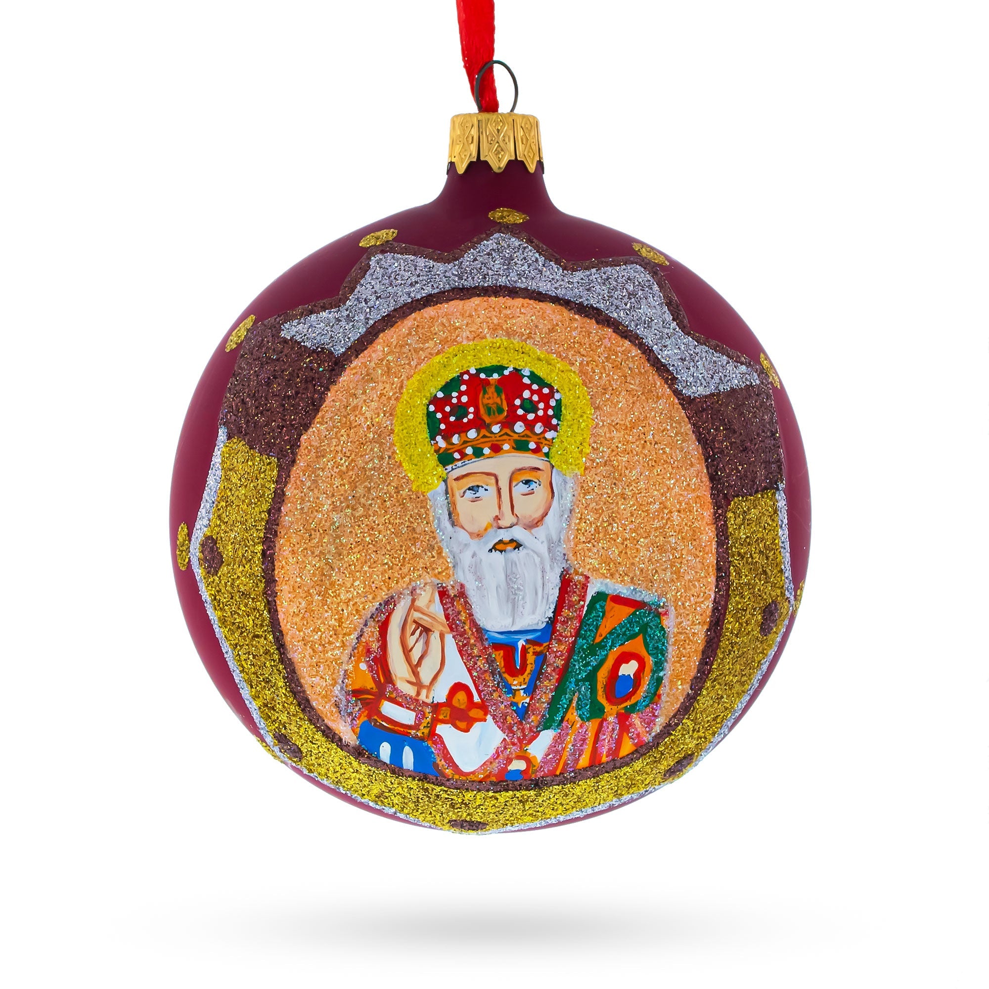 Reverent St. Nicholas With The Bible On Red Blown Glass Ball Christmas Ornament 4 Inches