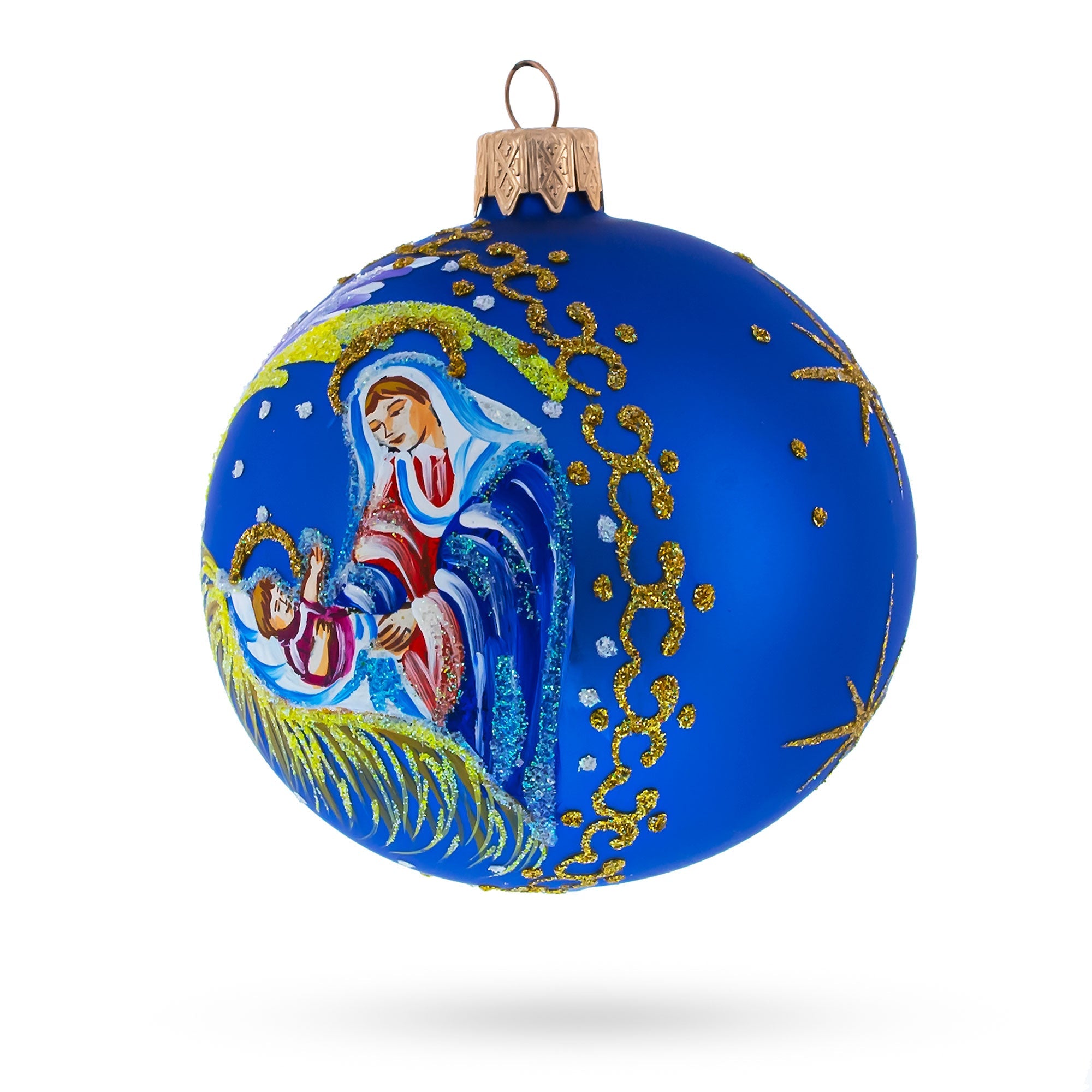 Guardian Angel Overlooking Baby Jesus Nativity - Blown Glass Ball Christmas Ornament 3.25 Inches.