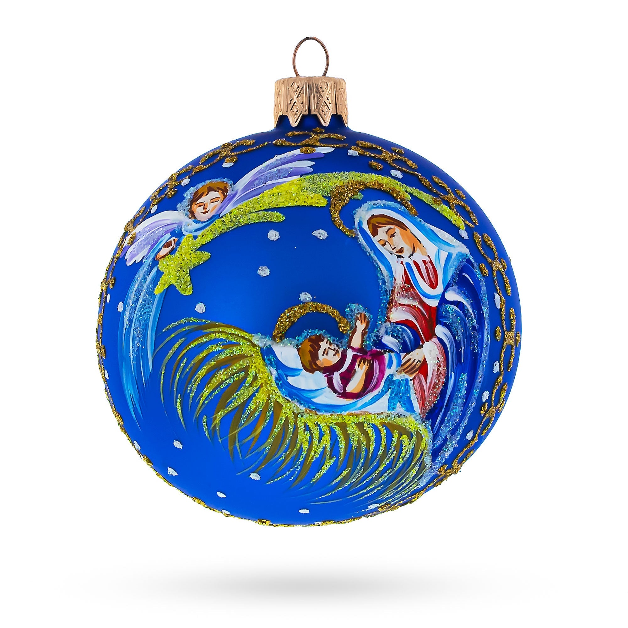 Guardian Angel Overlooking Baby Jesus Nativity - Blown Glass Ball Christmas Ornament 3.25 Inches.