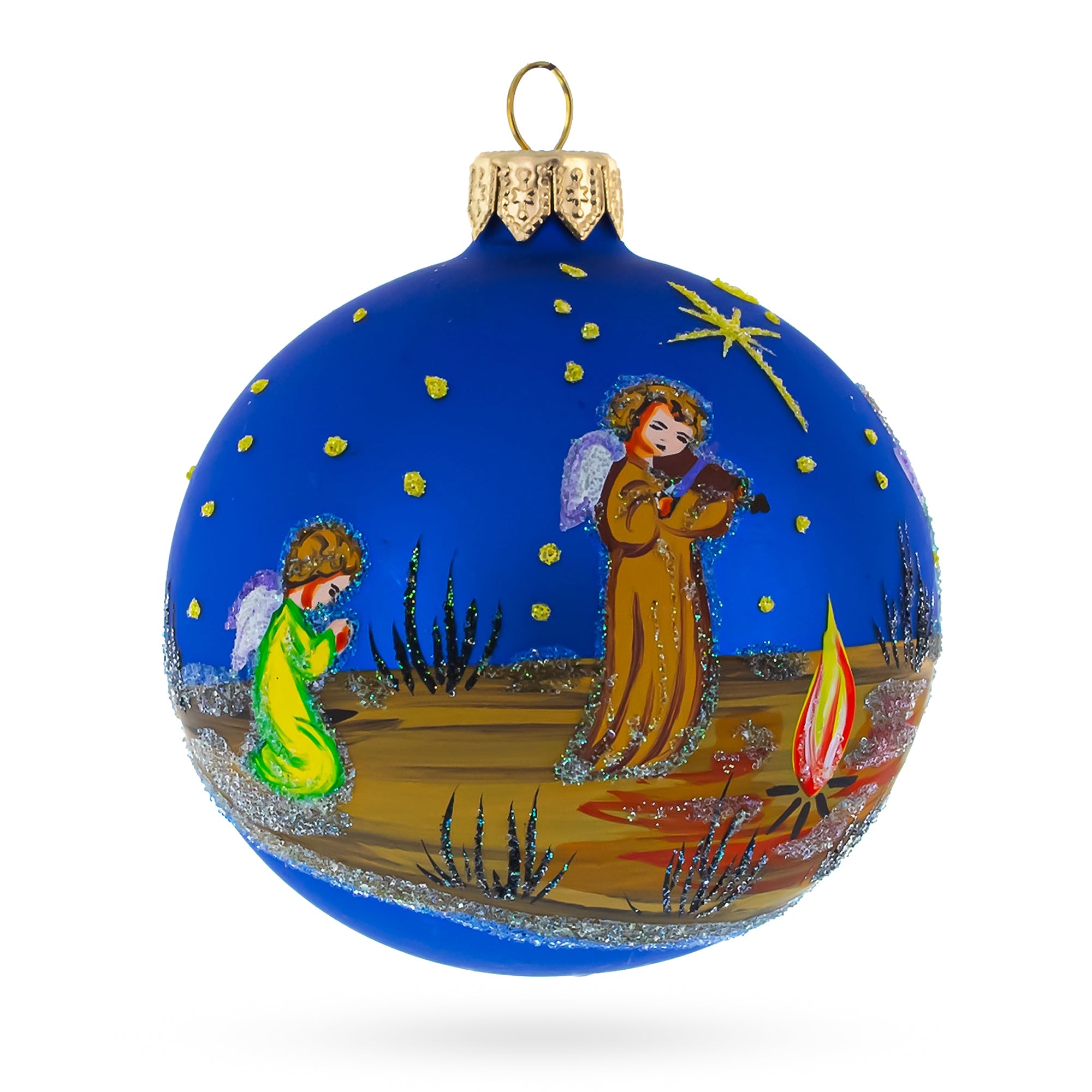 Heavenly Angels In The Night Nativity Scene - Blown Glass Ball Christmas Ornament 3.25 Inches