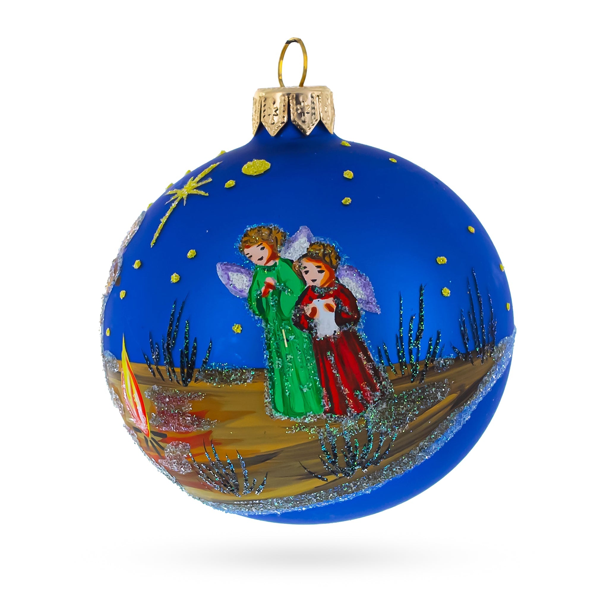 Heavenly Angels In The Night Nativity Scene - Blown Glass Ball Christmas Ornament 3.25 Inches