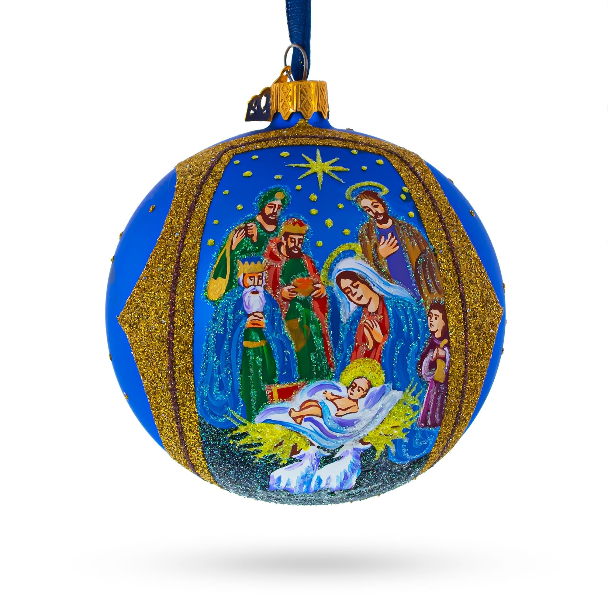 Sacred Nativity Gathering - Blown Glass Ball Christmas Ornament 4 Inches