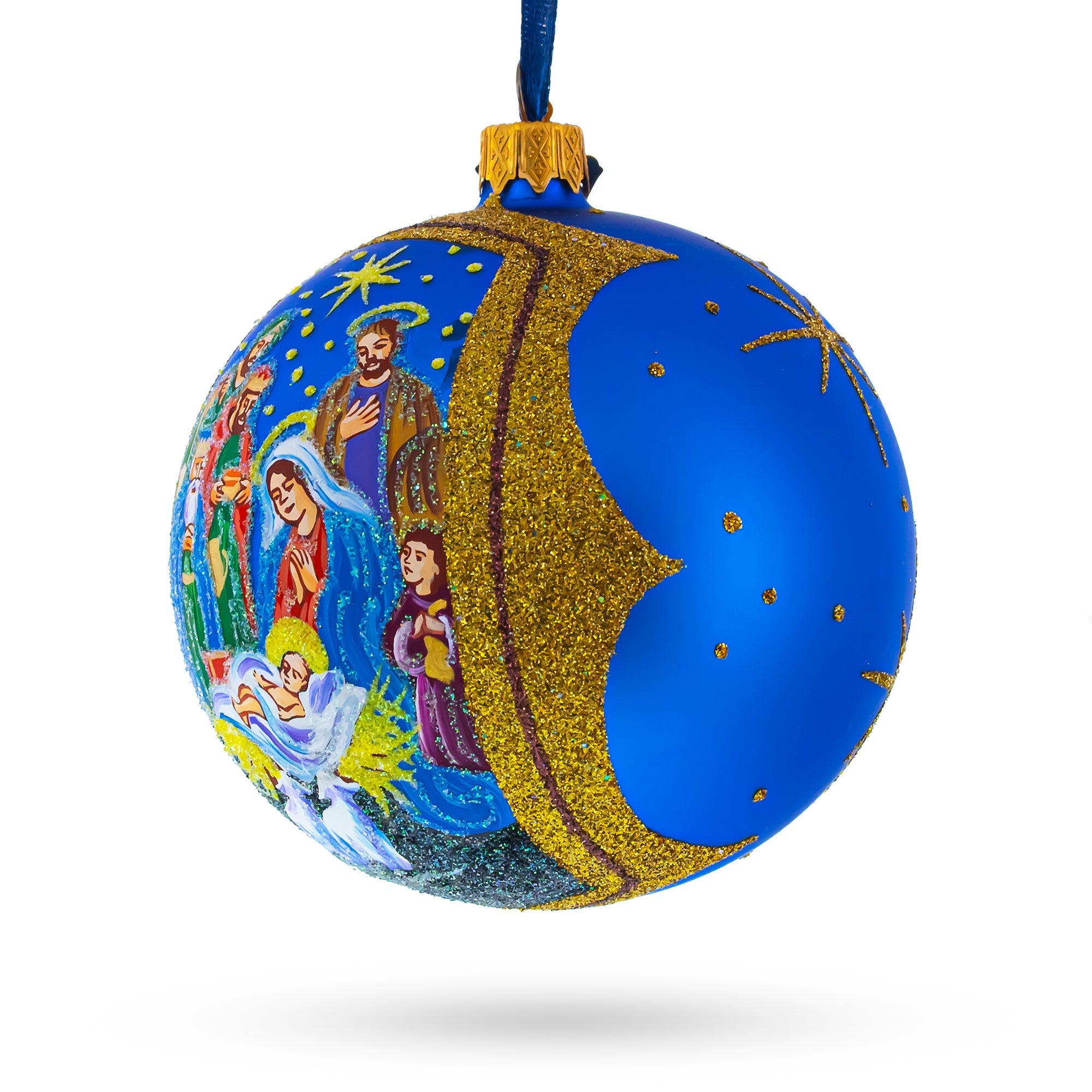 Sacred Nativity Gathering - Blown Glass Ball Christmas Ornament 4 Inches