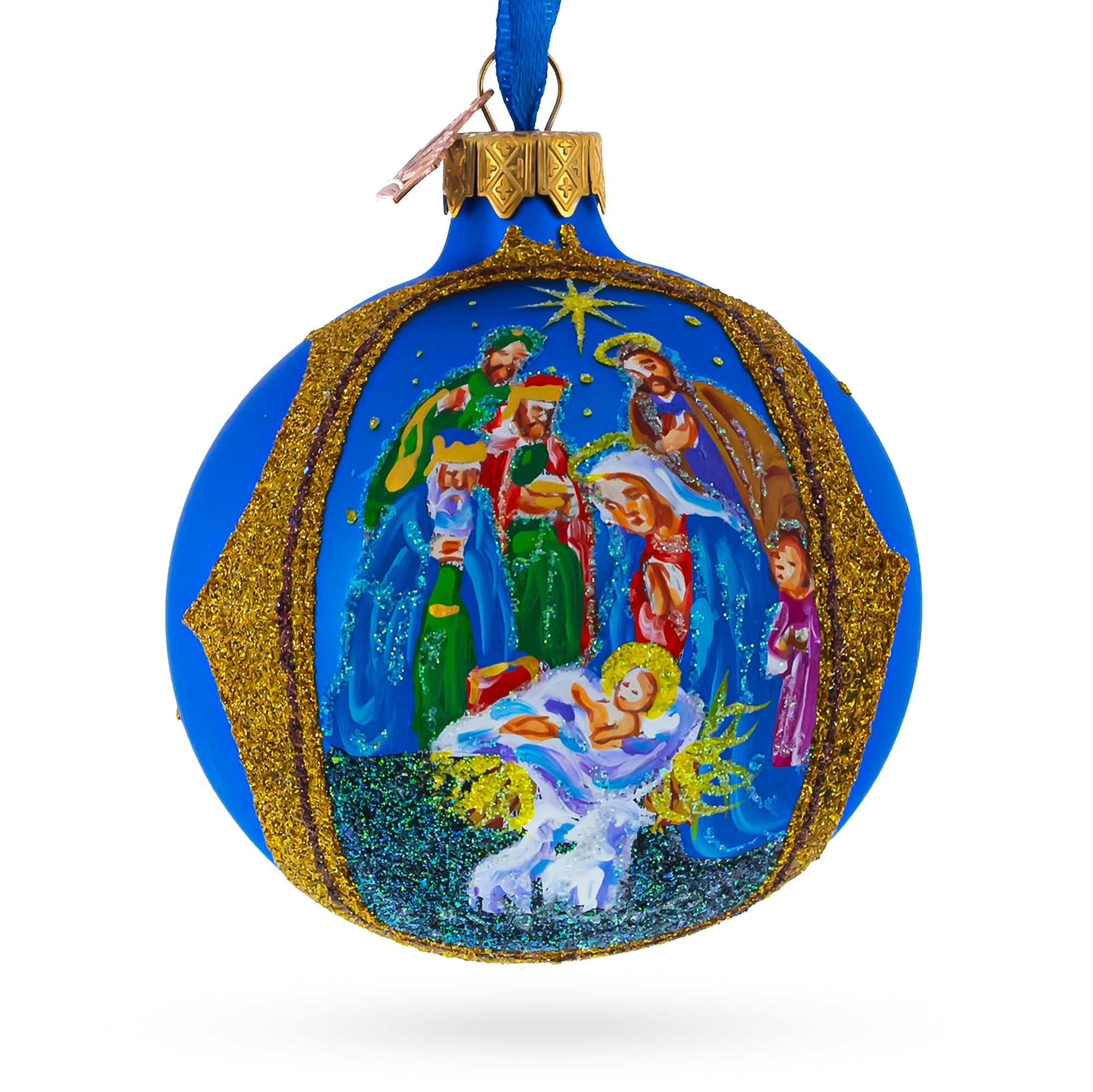 Sacred Nativity Gathering - Blown Glass Ball Christmas Ornament 3.25 Inches